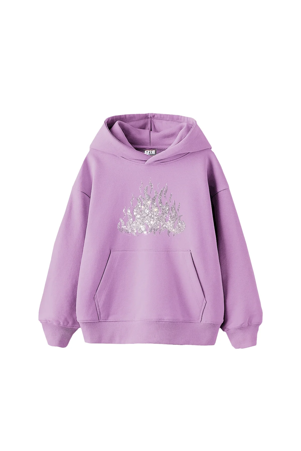 Flame Taş Baskılı Oversize Unisex Mor Hoodie