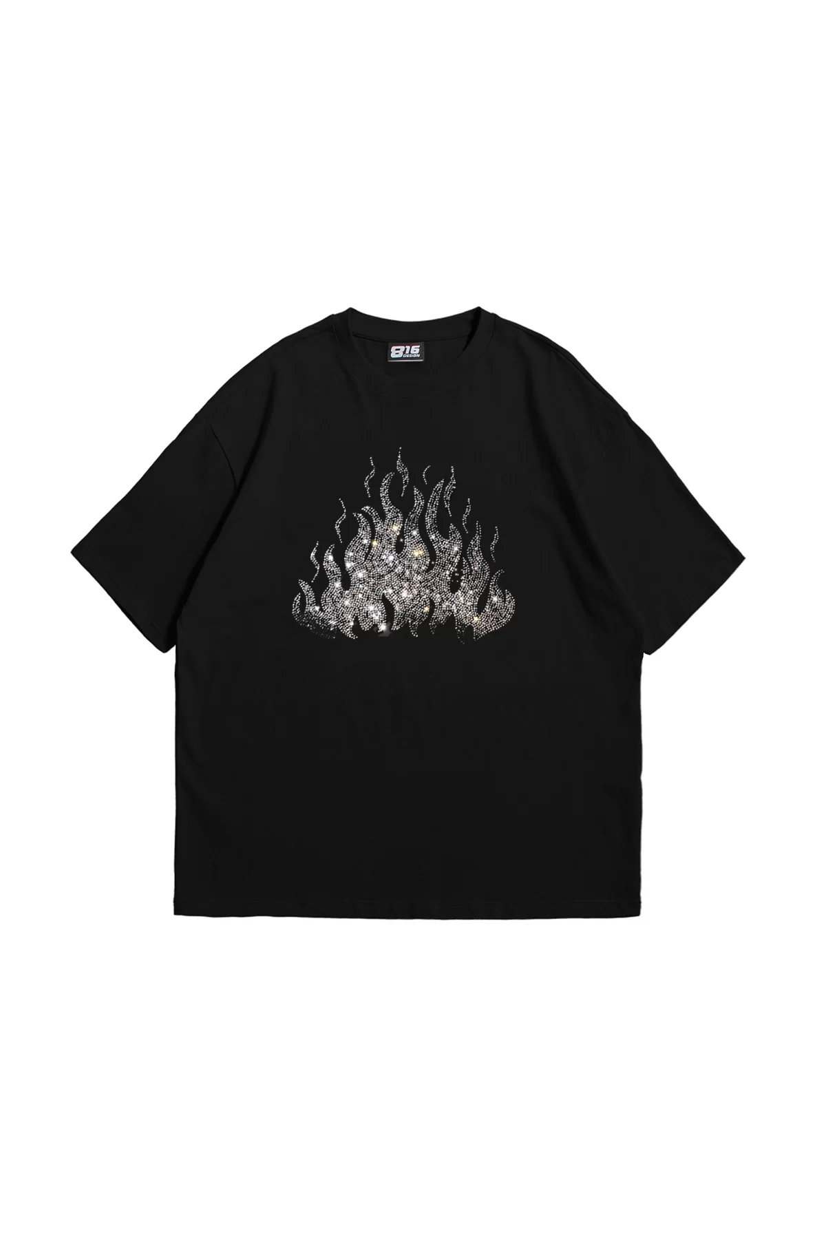 Flame Taş Baskılı Oversize Unisex Siyah Tshirt