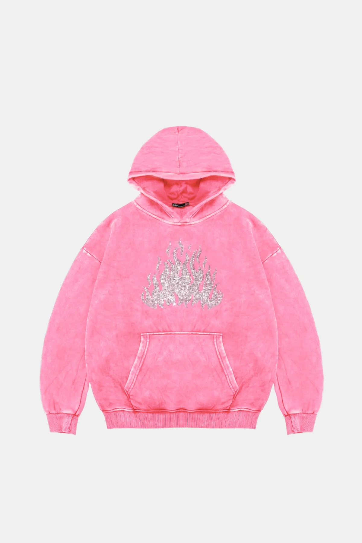 Flame Taş Baskılı Oversize Unisex Yıkamalı Pembe Hoodie