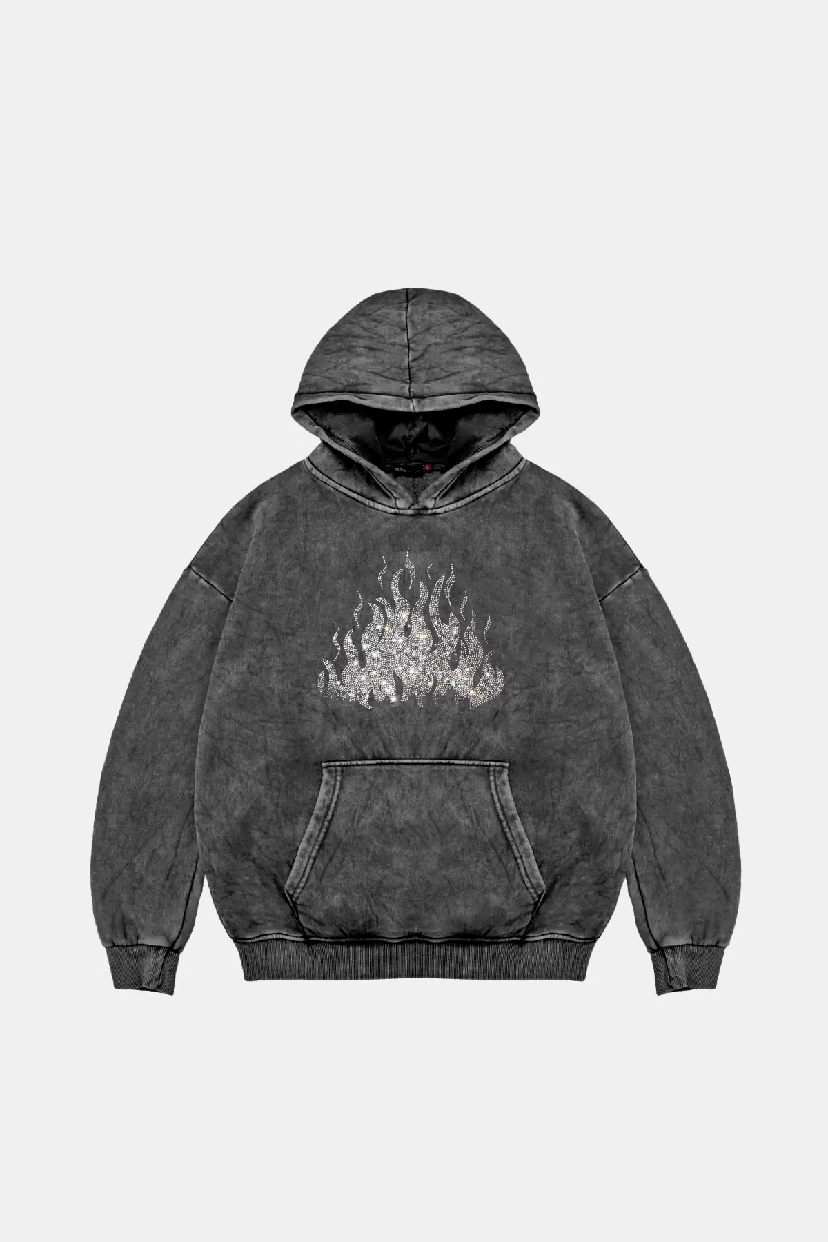 Flame Taş Baskılı Oversize Unisex Yıkamalı Siyah Hoodie