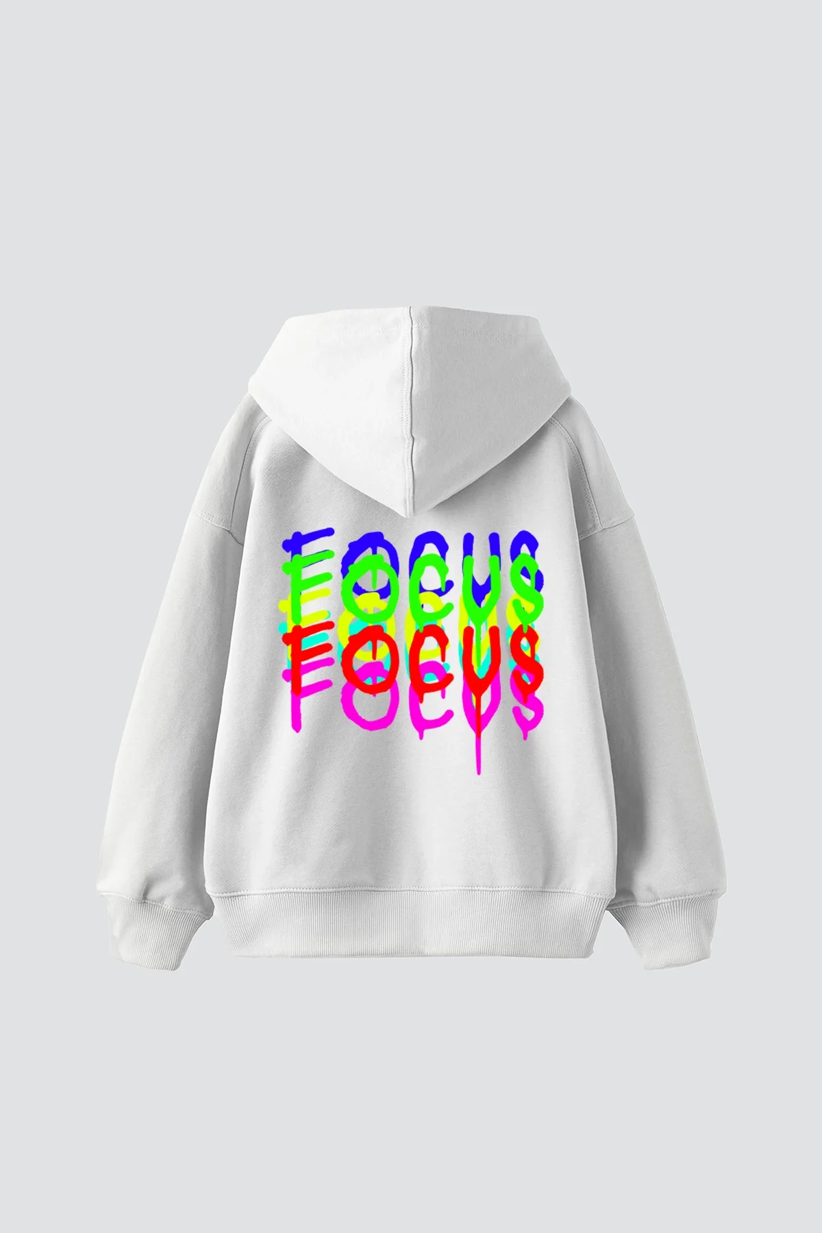 Focus Baskılı Oversize Unisex Beyaz Hoodie