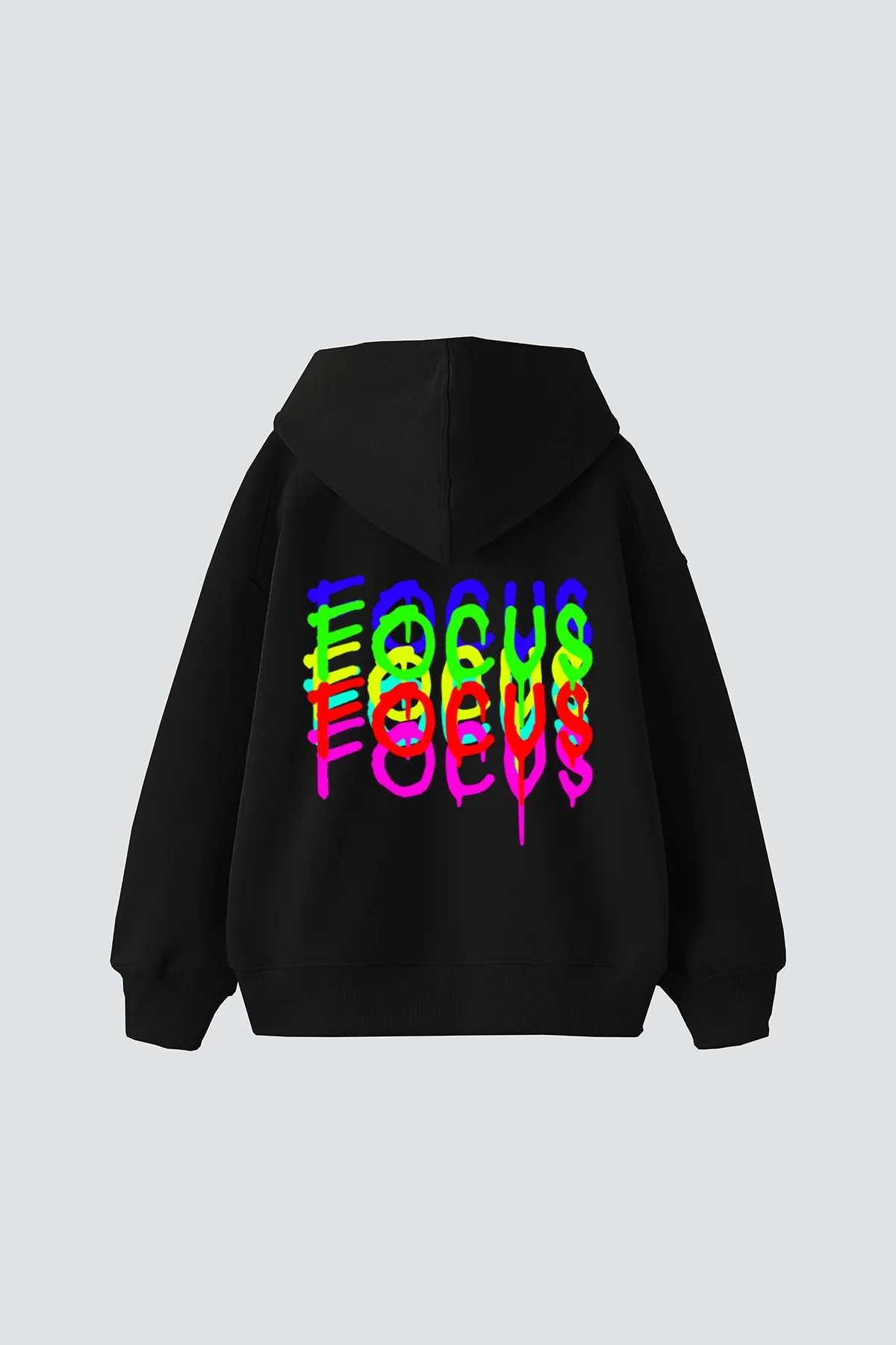 Focus Baskılı Oversize Unisex Siyah Hoodie