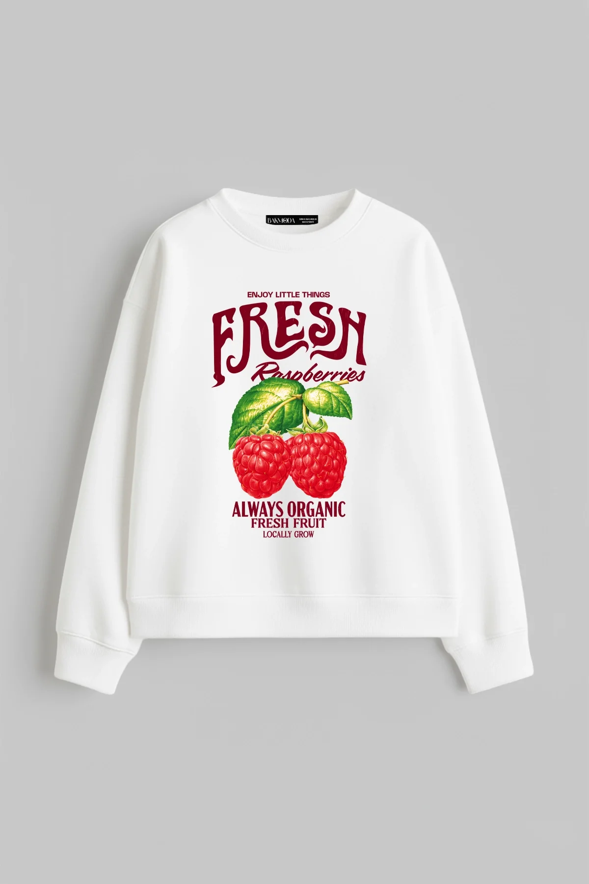 Fresh Raspberry Baskılı Kapüşonsuz Relaxed Fit Kadın Beyaz Sweatshirt