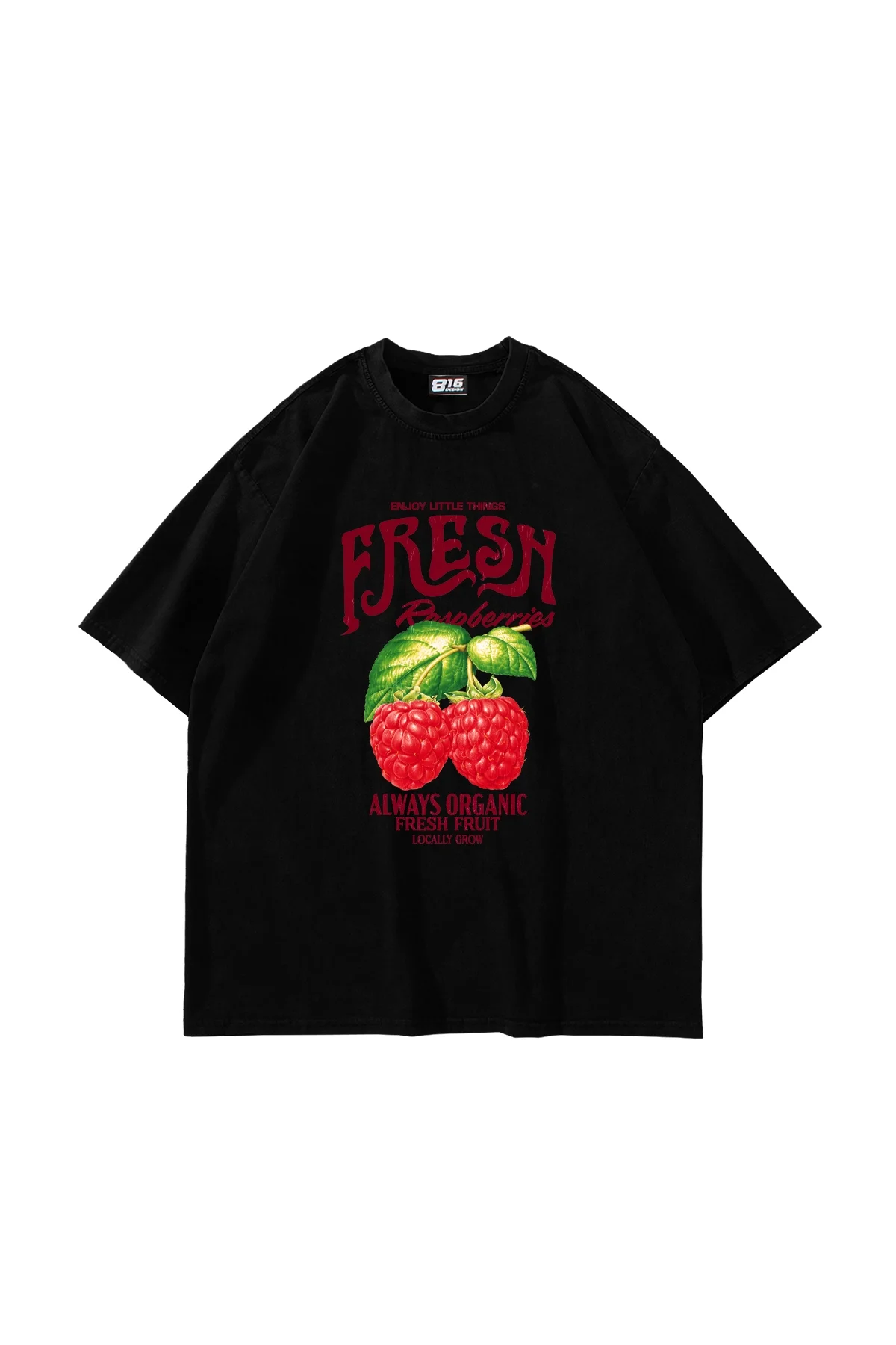 Fresh Raspberry Baskılı Oversize Unisex Siyah Tshirt
