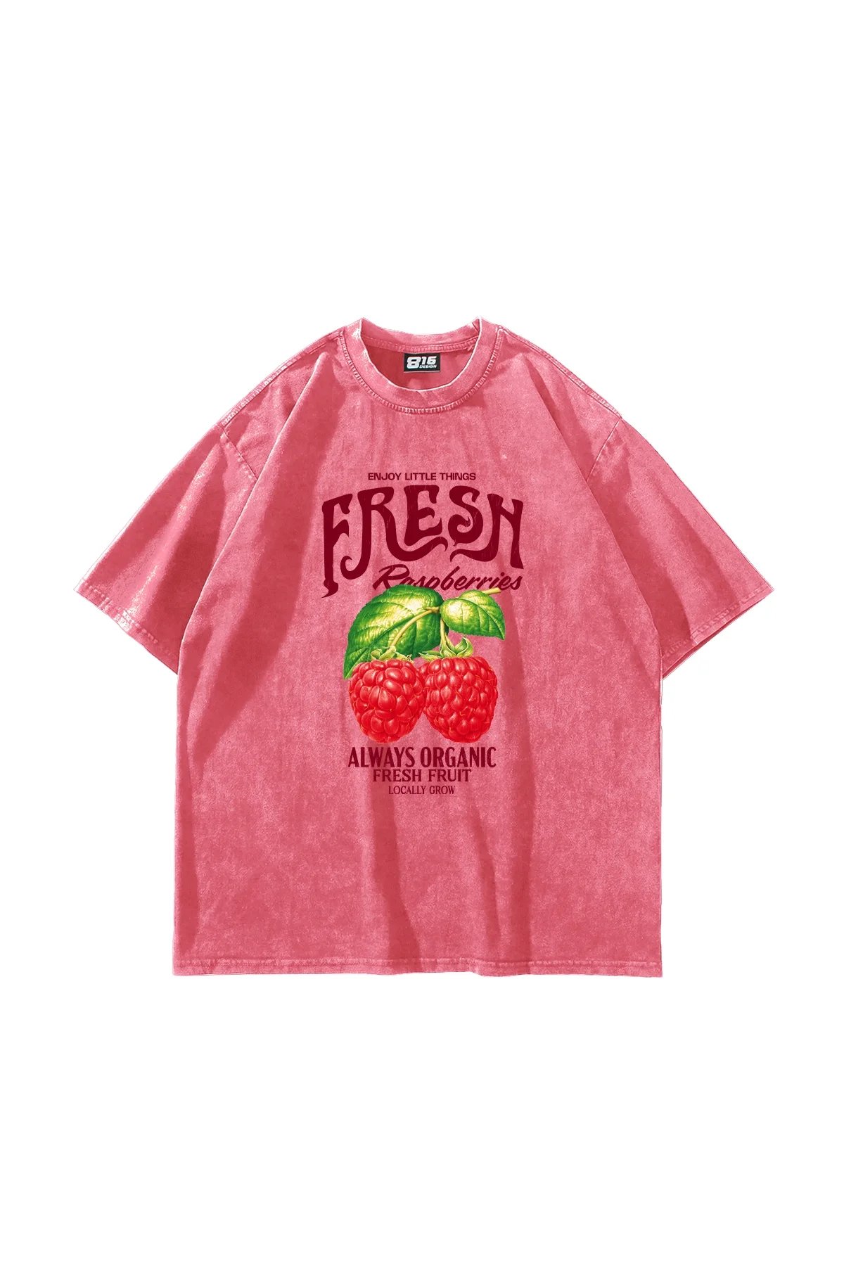 Fresh Raspberry Baskılı Oversize Unisex Yıkamalı Pembe Tshirt