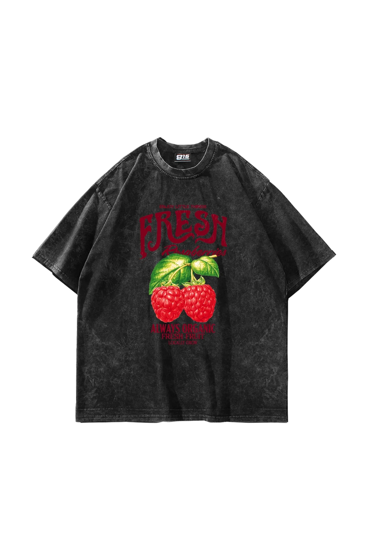 Fresh Raspberry Baskılı Oversize Unisex Yıkamalı Siyah Tshirt