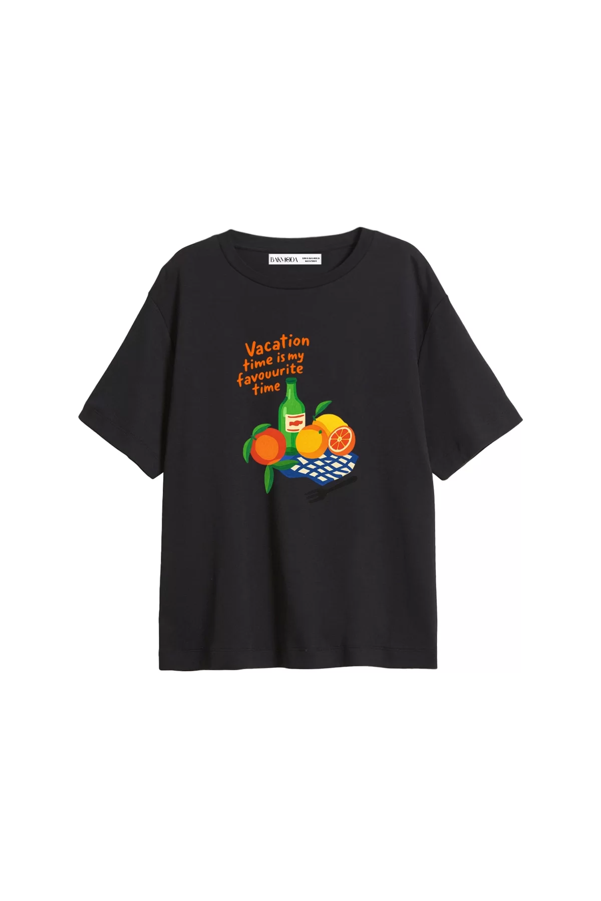 Fruits Baskılı Relaxed Fit Siyah Kadın Tshirt