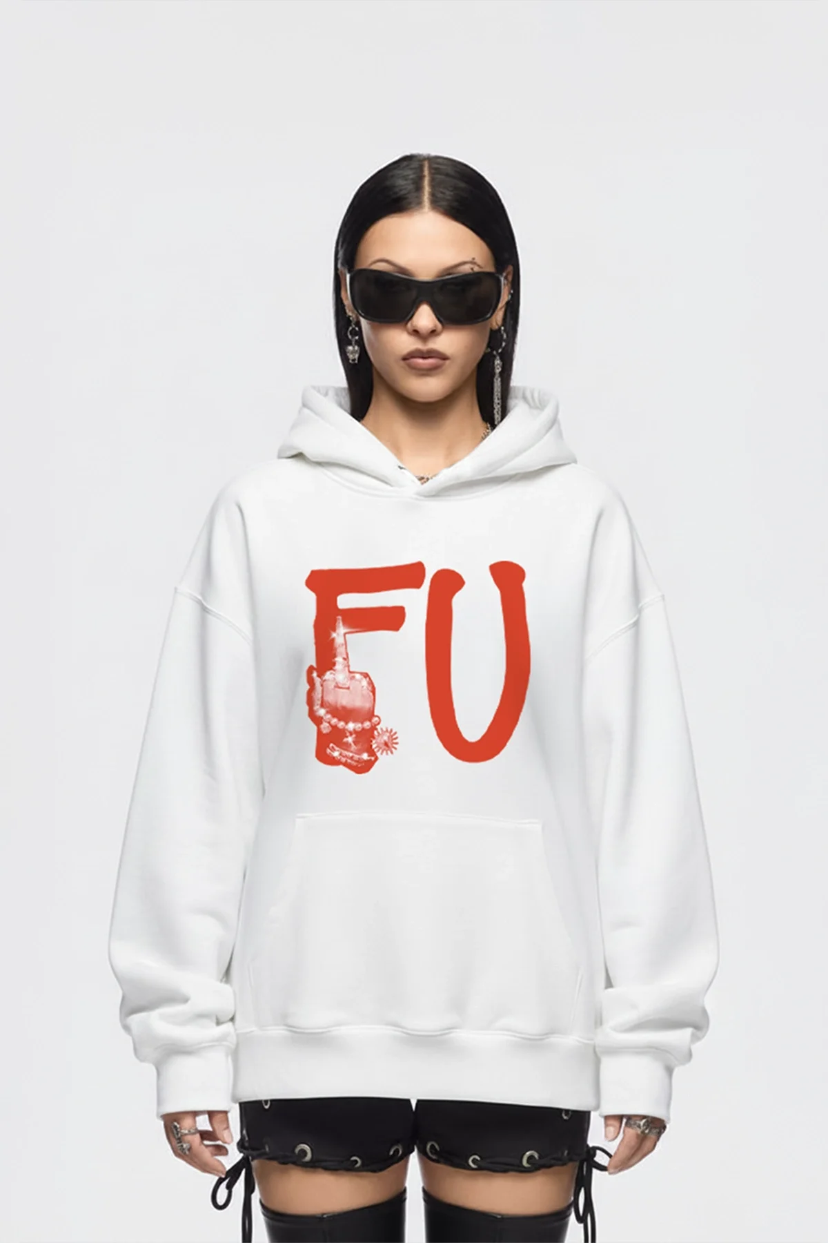 FU. Baskılı Oversize Unisex Beyaz Hoodie