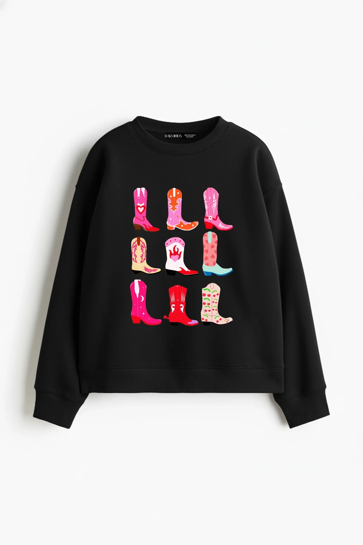 Fun Cowboy Baskılı Kapüşonsuz Relaxed Fit Kadın Siyah Sweatshirt