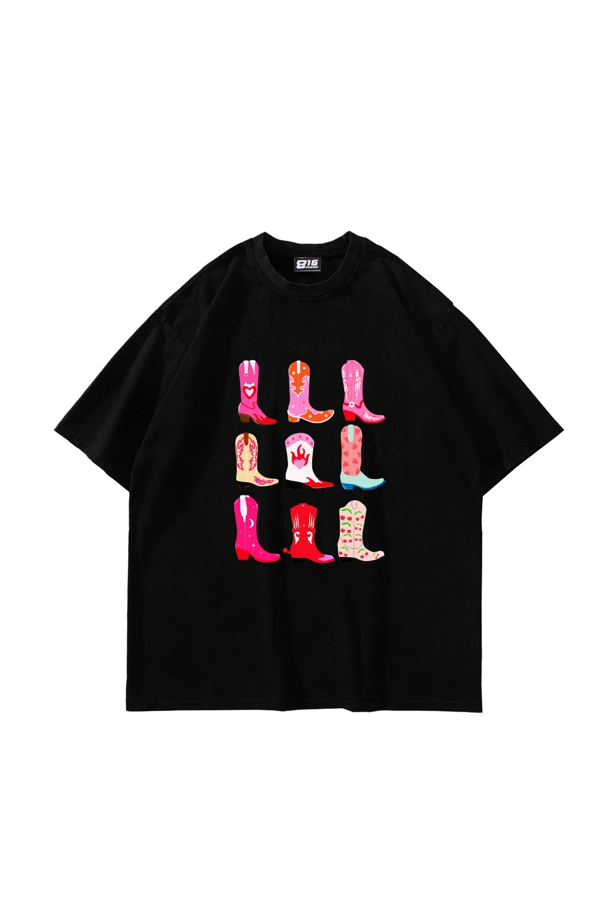 Fun Cowboy Baskılı Oversize Unisex Siyah Tshirt