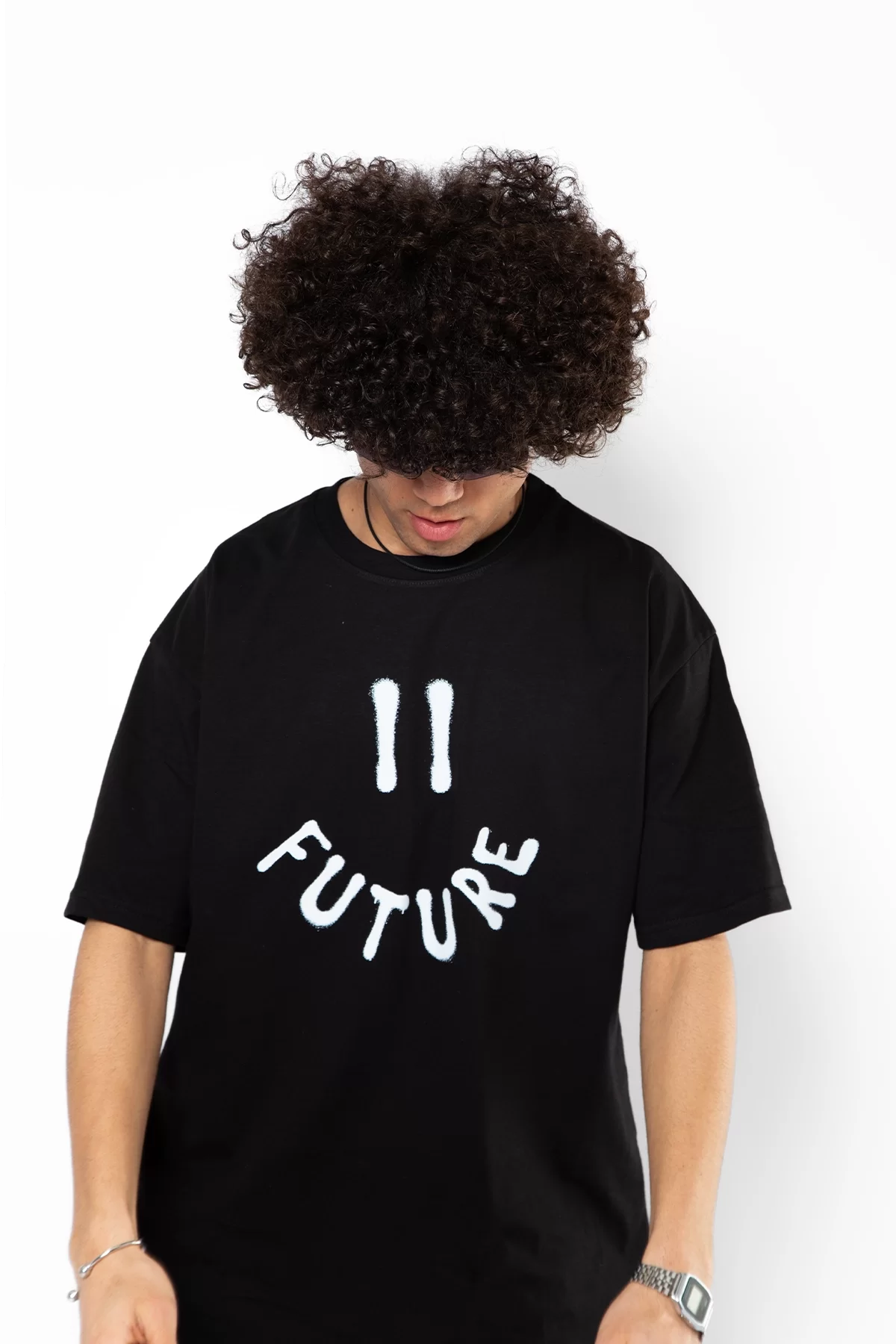 Future Smıle Baskılı Oversize Unisex Siyah Tshirt
