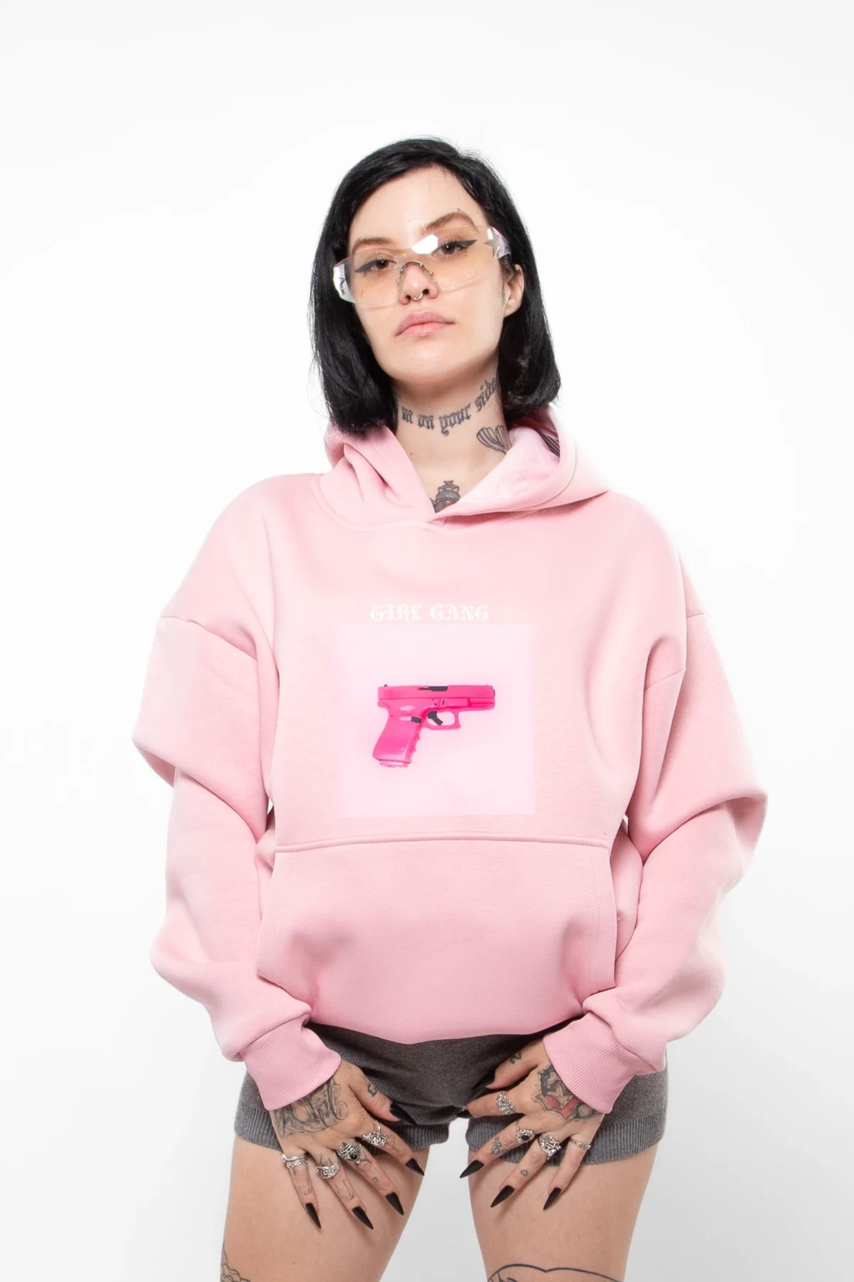 Girl Gang Baskılı Oversize Unisex Pembe Hoodie