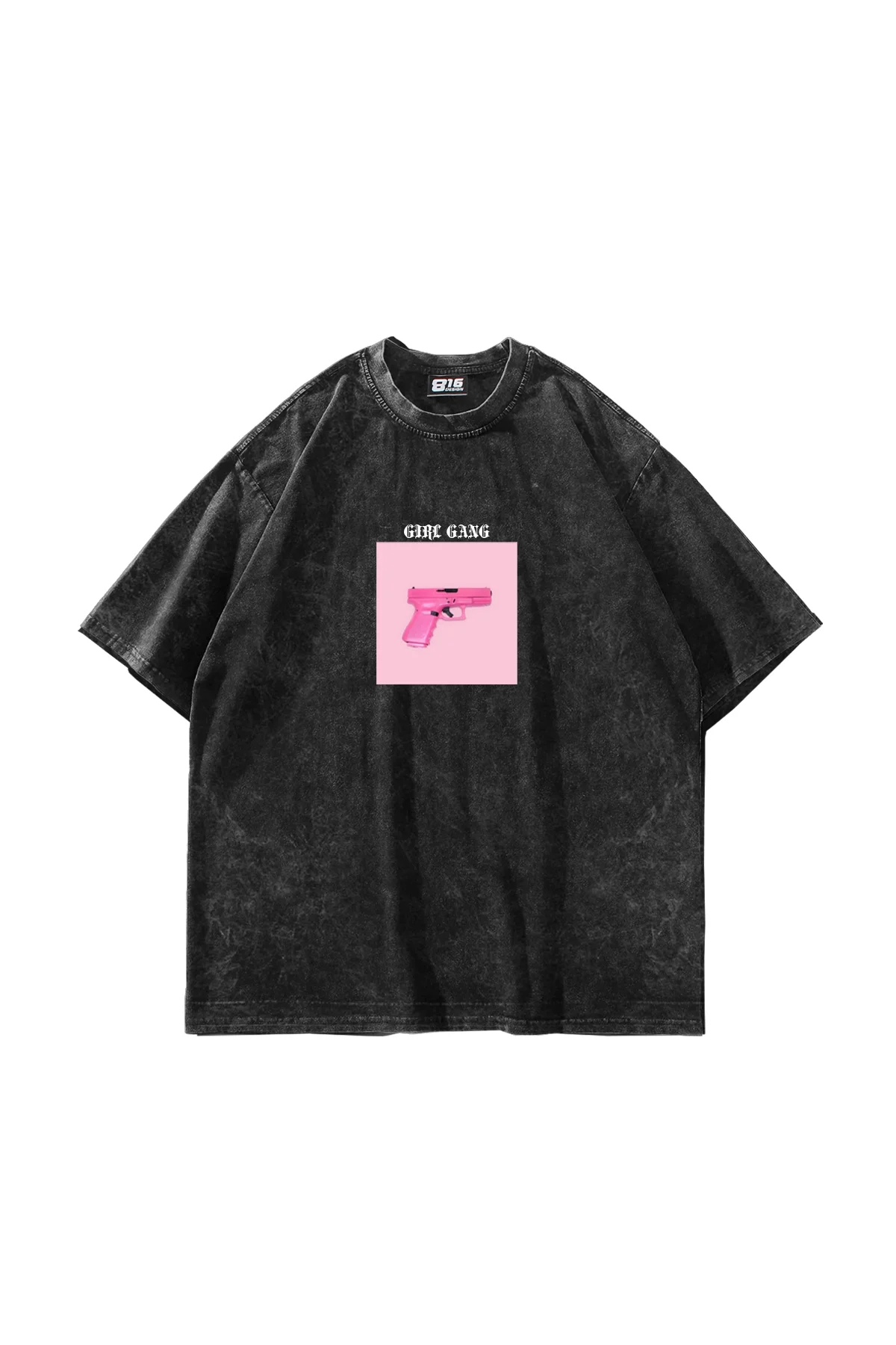Girl Gang Baskılı Oversize Unisex Yıkamalı Siyah Tshirt