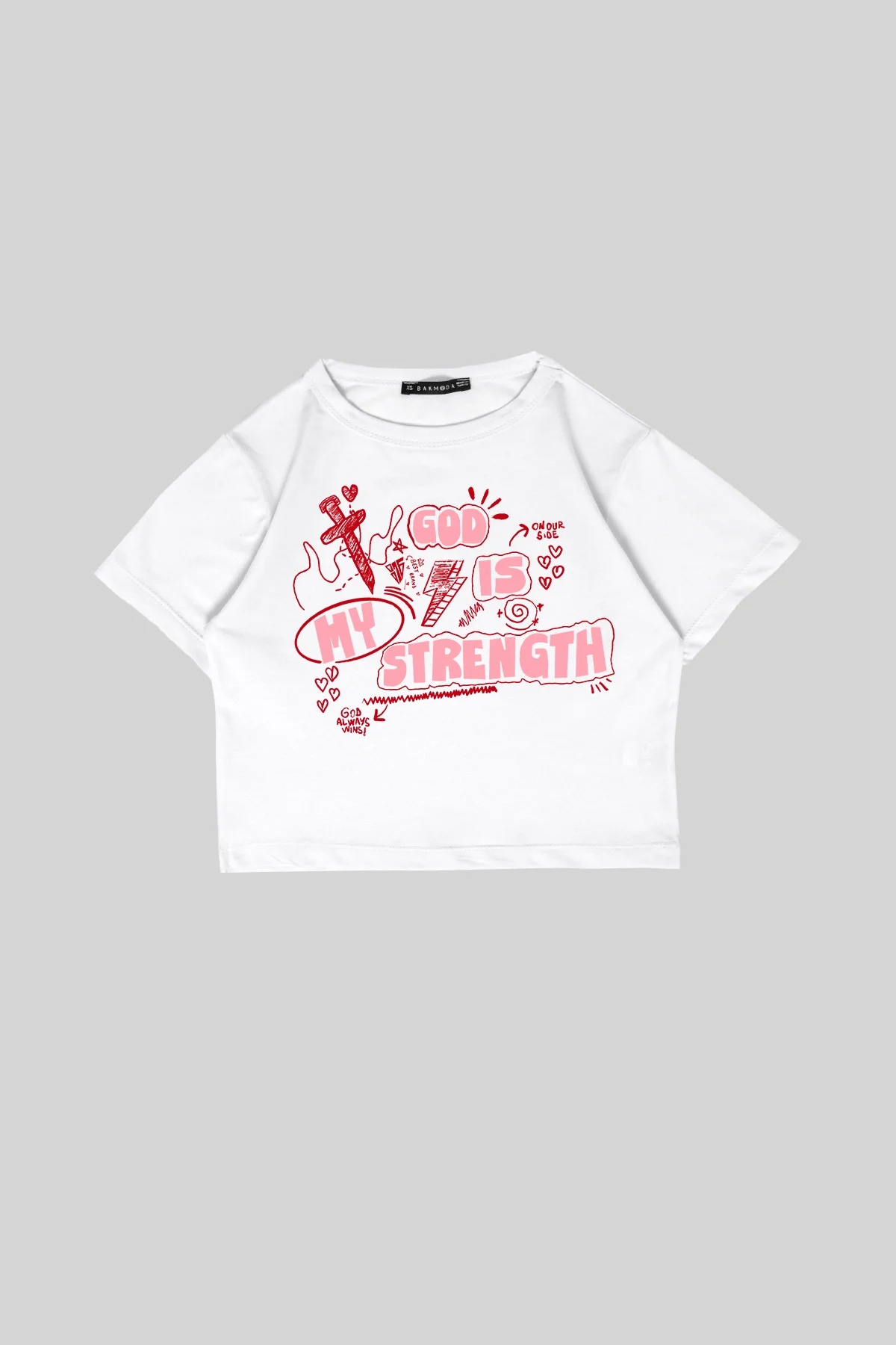 God İs My Strength Baskılı Beyaz Crop Top