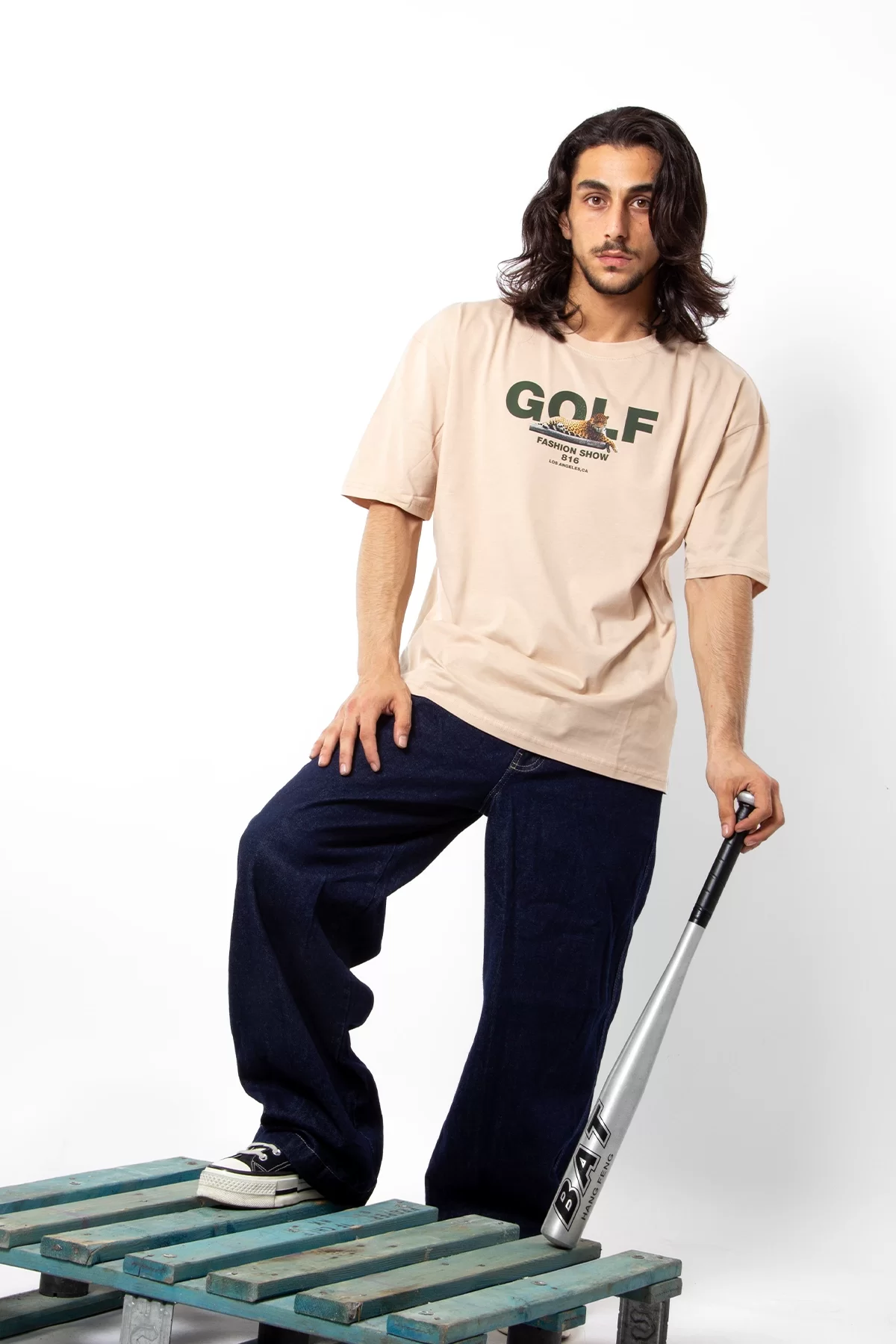 Golf Baskılı Oversize Unisex Bej Tshirt