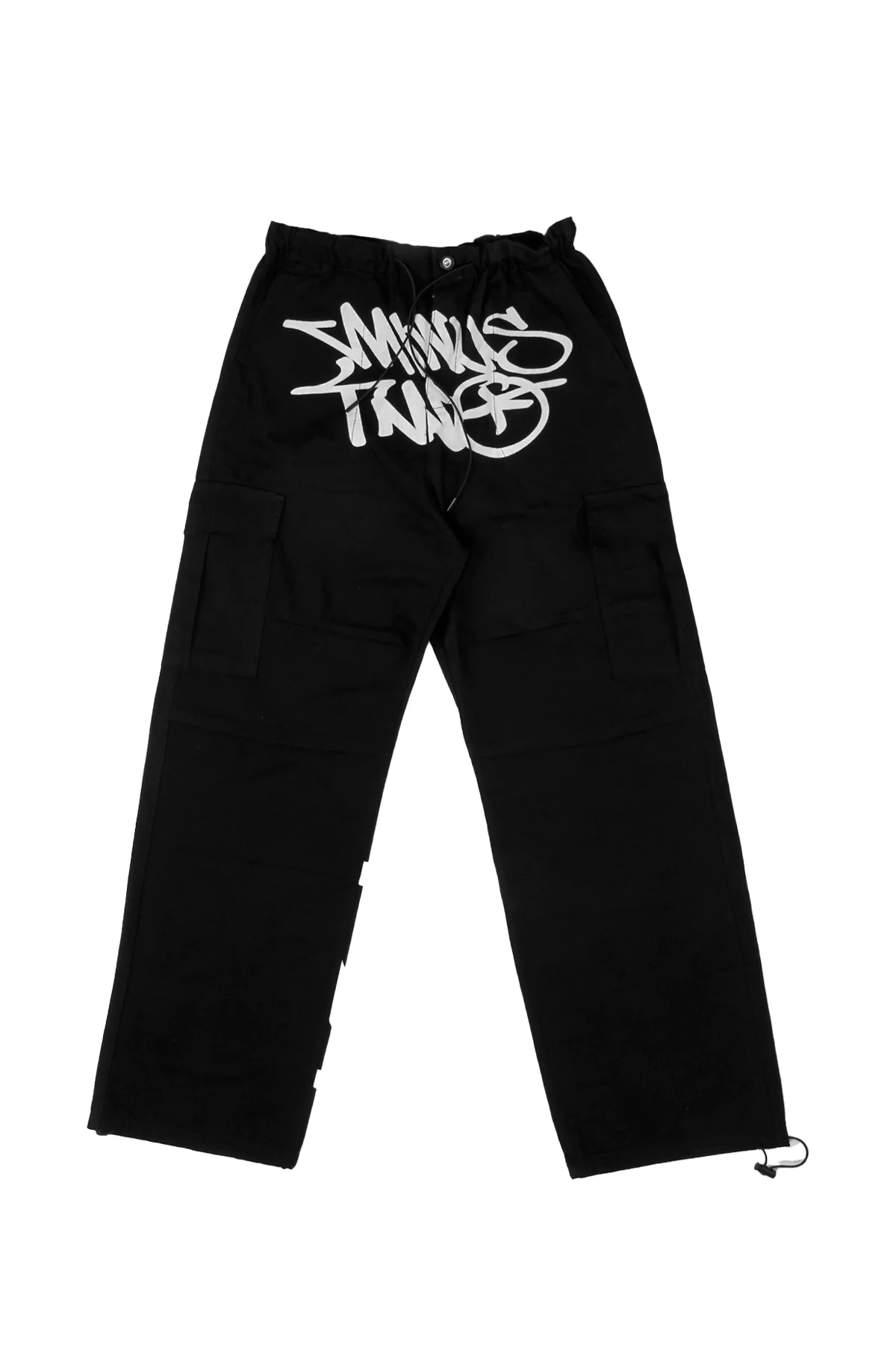 Graffiti Beyaz Yazı Baskılı Paça Lastikli Premium Siyah Kargo Pantolon