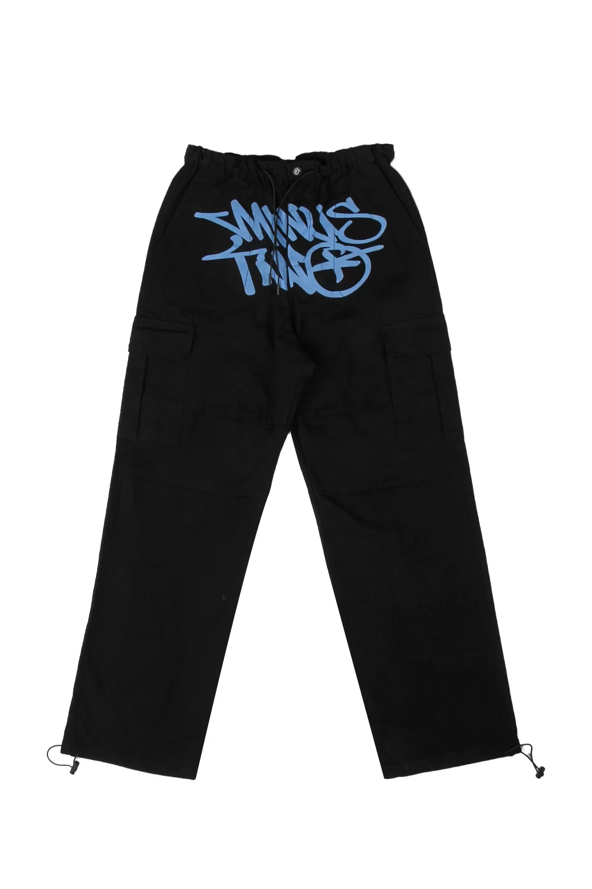 Graffiti Mavi Yazı Baskılı Paça Lastikli Premium Siyah Kargo Pantolon