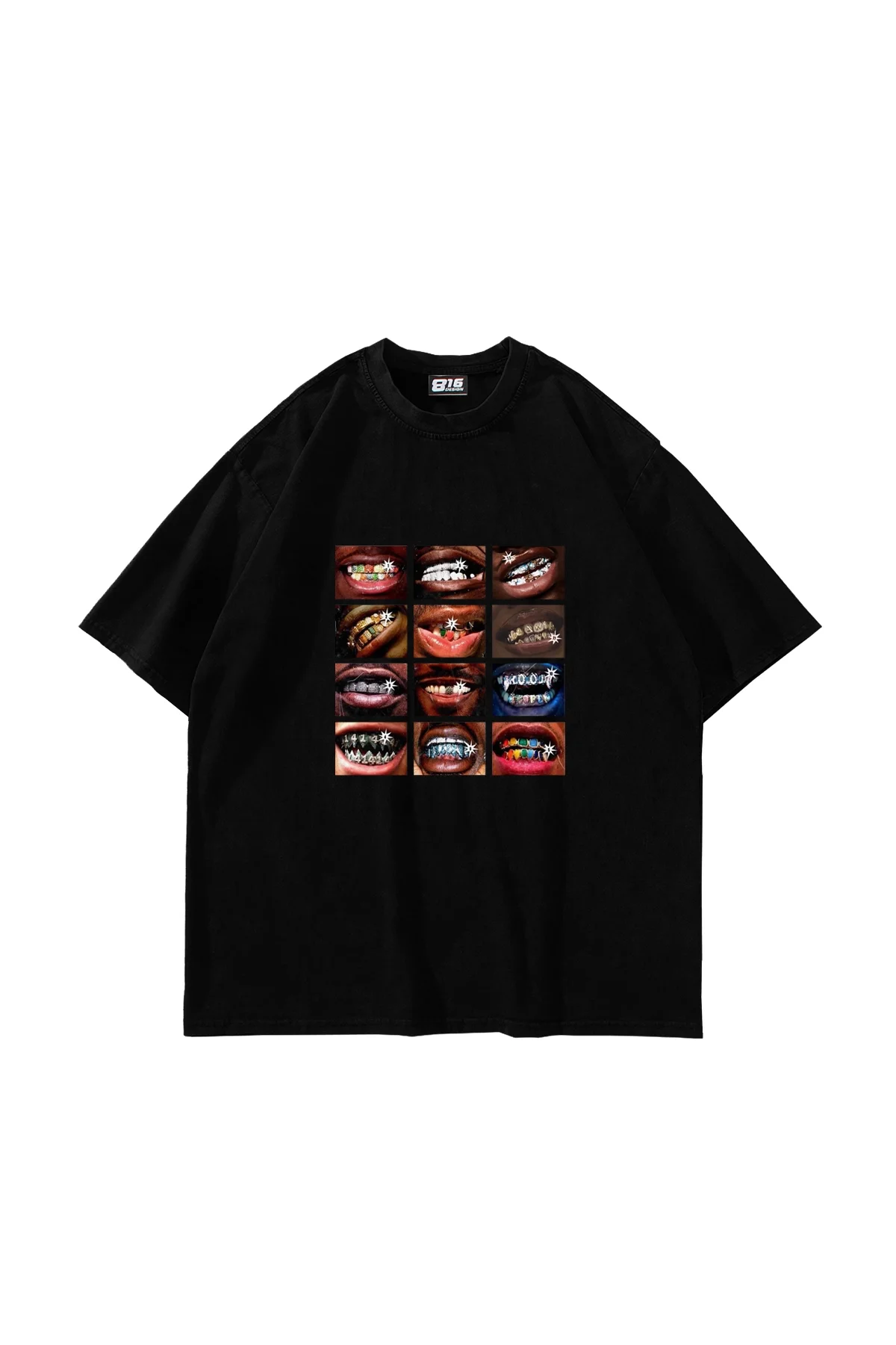 Grillz Baskılı Oversize Unisex Siyah Tshirt