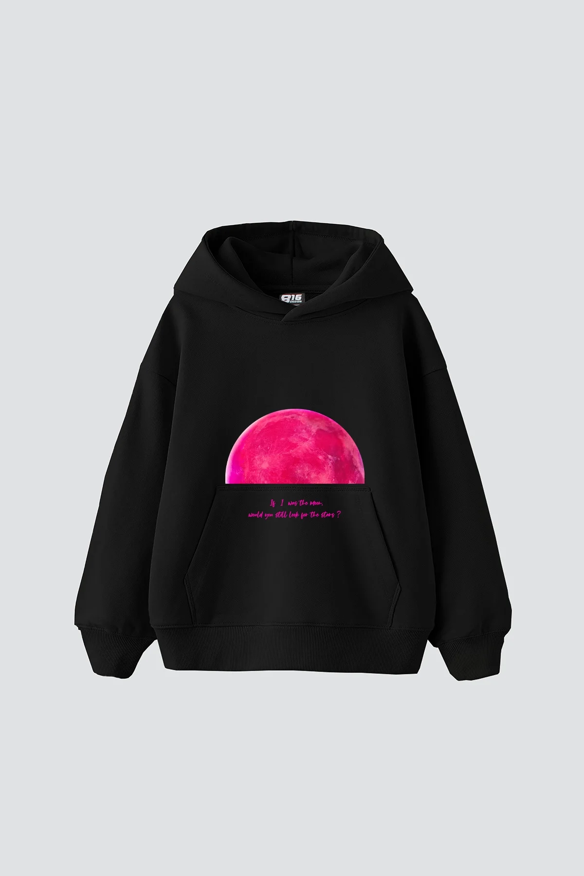 Half Moon Baskılı Oversize Unisex Siyah Hoodie