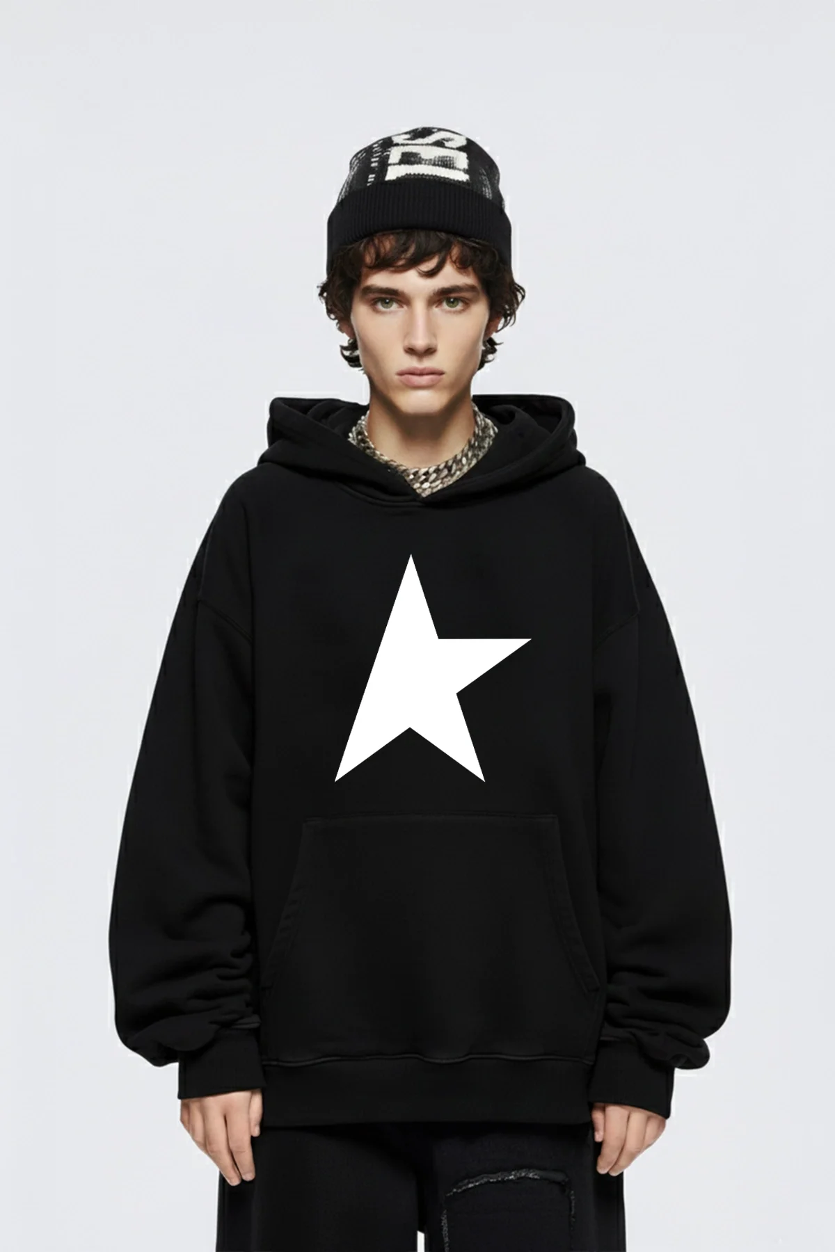 Half Star Baskılı Oversize Unisex Siyah Hoodie