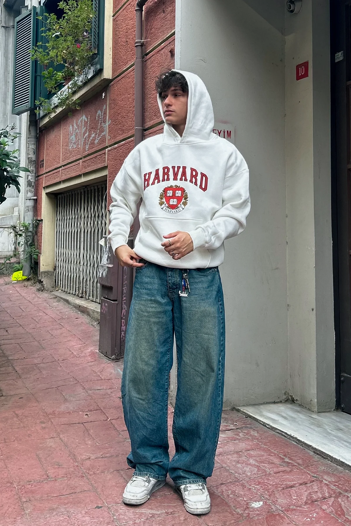 Harvard Baskılı Oversize Unisex Beyaz Hoodie