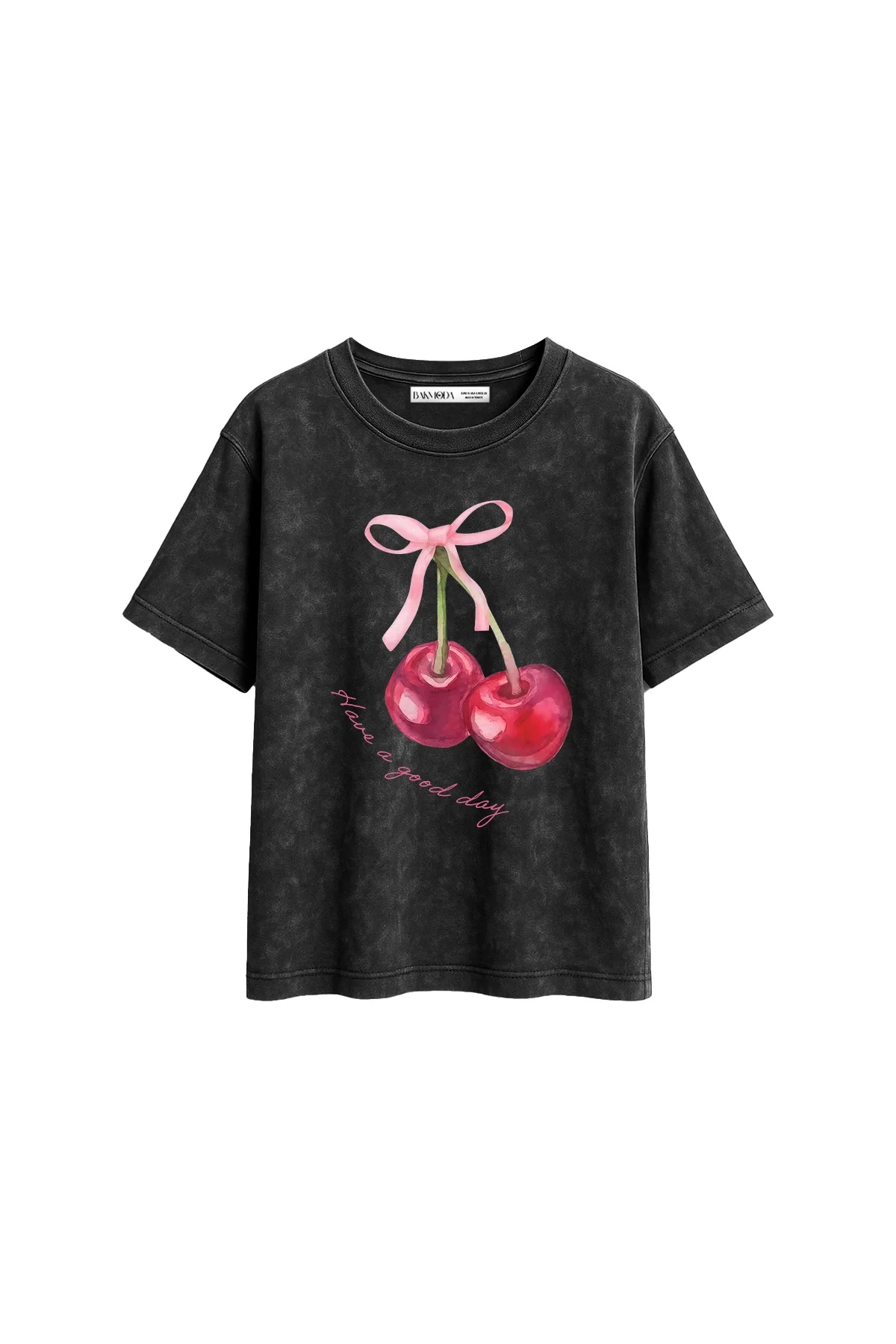 Have a Good Day Baskılı Relaxed Fit Yıkamalı Siyah Kadın Tshirt