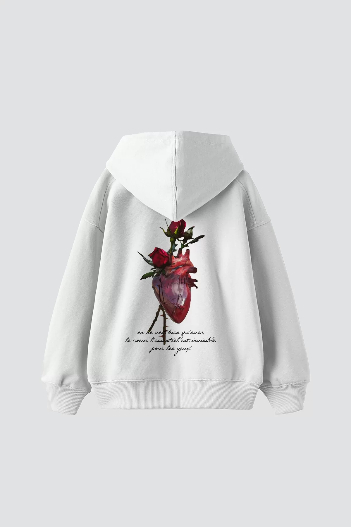 Heart&Rose Baskılı Oversize Unisex Premium Beyaz Hoodie