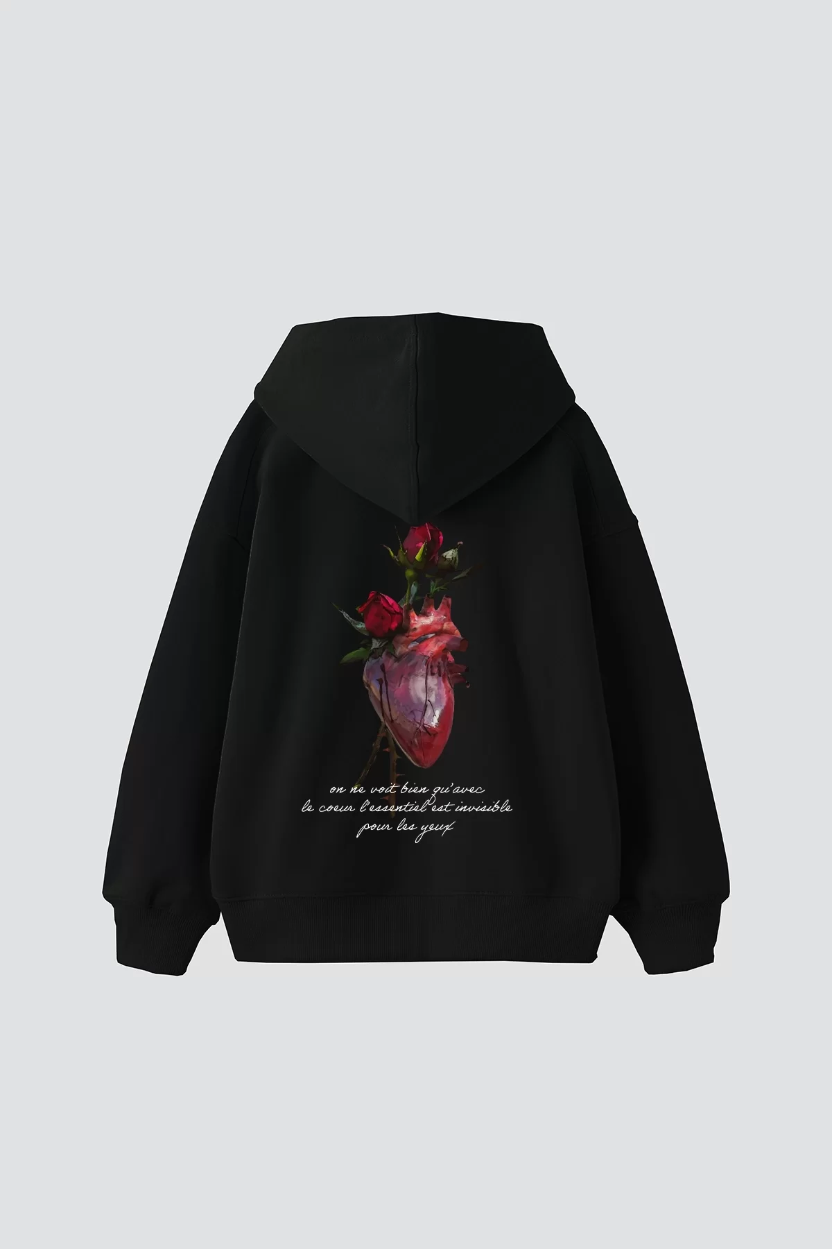 Heart&Rose Baskılı Oversize Unisex Premium Siyah Hoodie