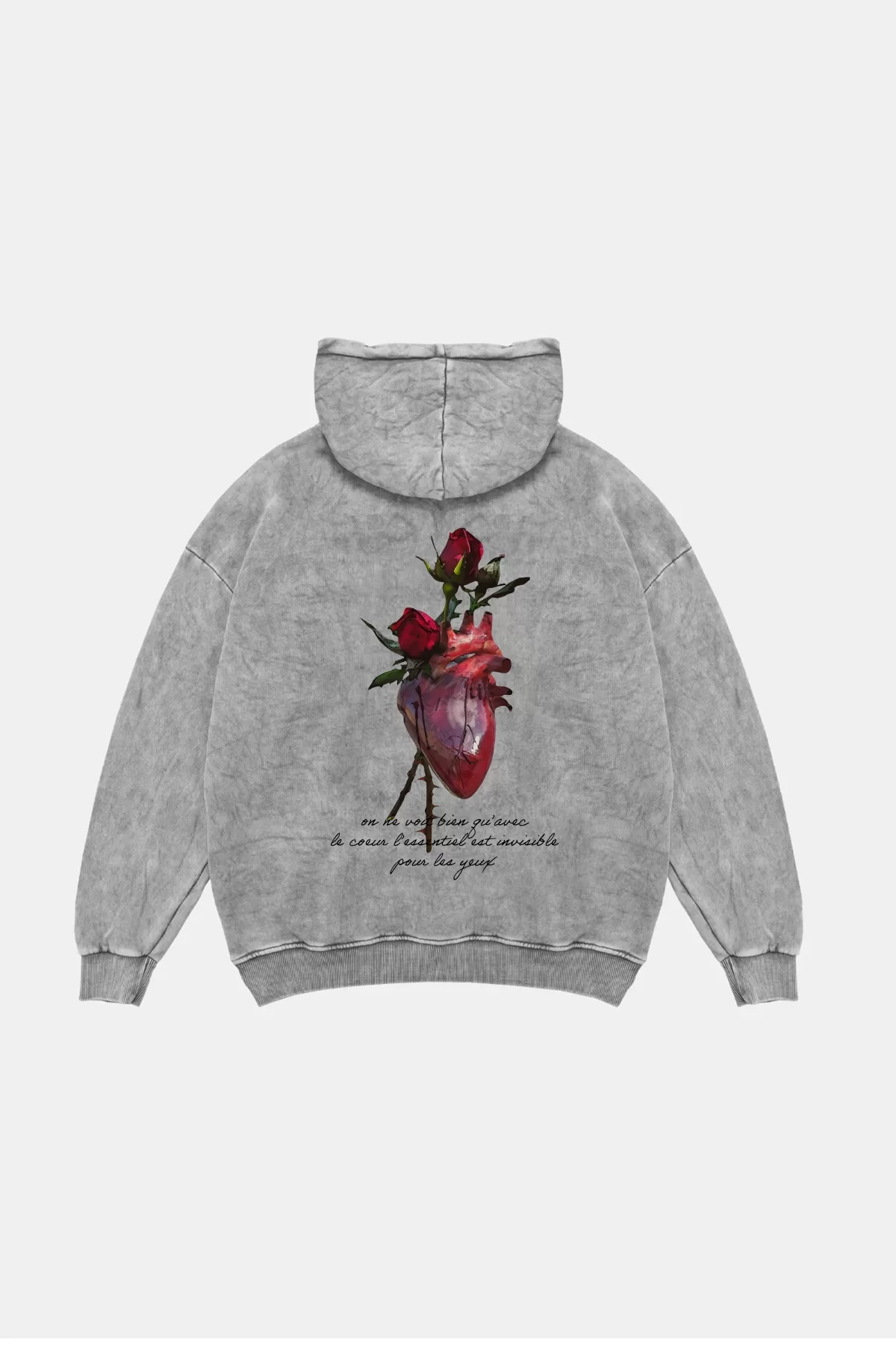 Heart&Rose Baskılı Oversize Unisex Premium Yıkamalı Beyaz Hoodie