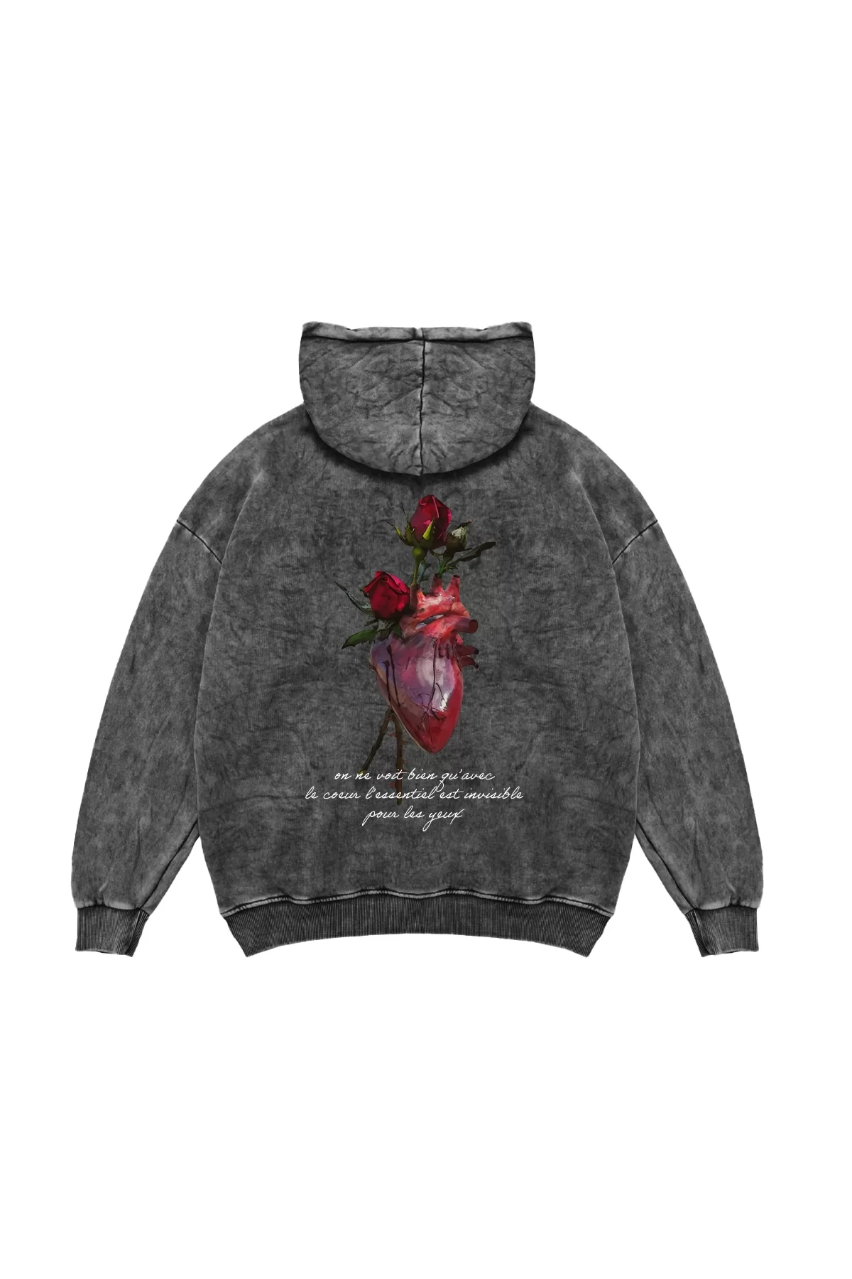 Heart&Rose Baskılı Oversize Unisex Premium Yıkamalı Siyah Hoodie