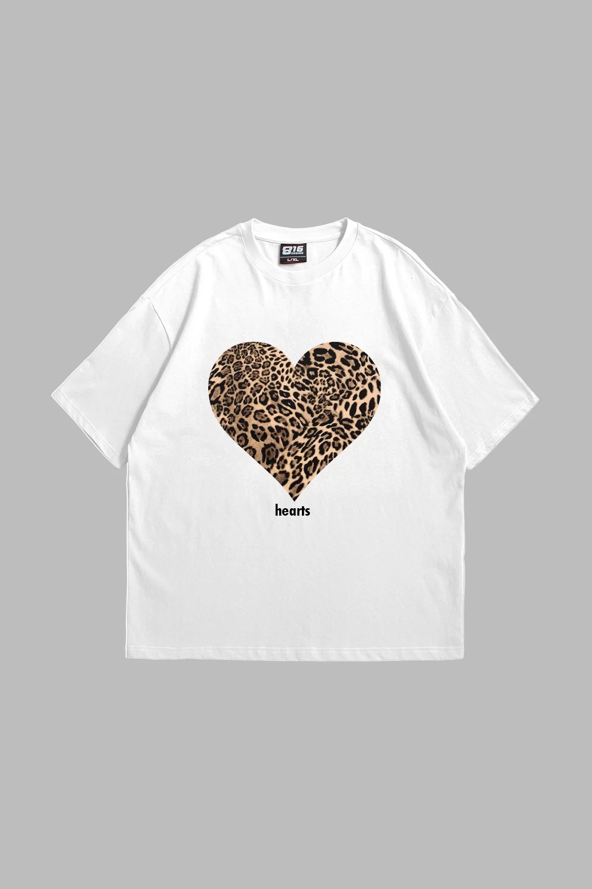 Hearts Leopar Baskılı Oversize Unisex Premium Beyaz Tshirt