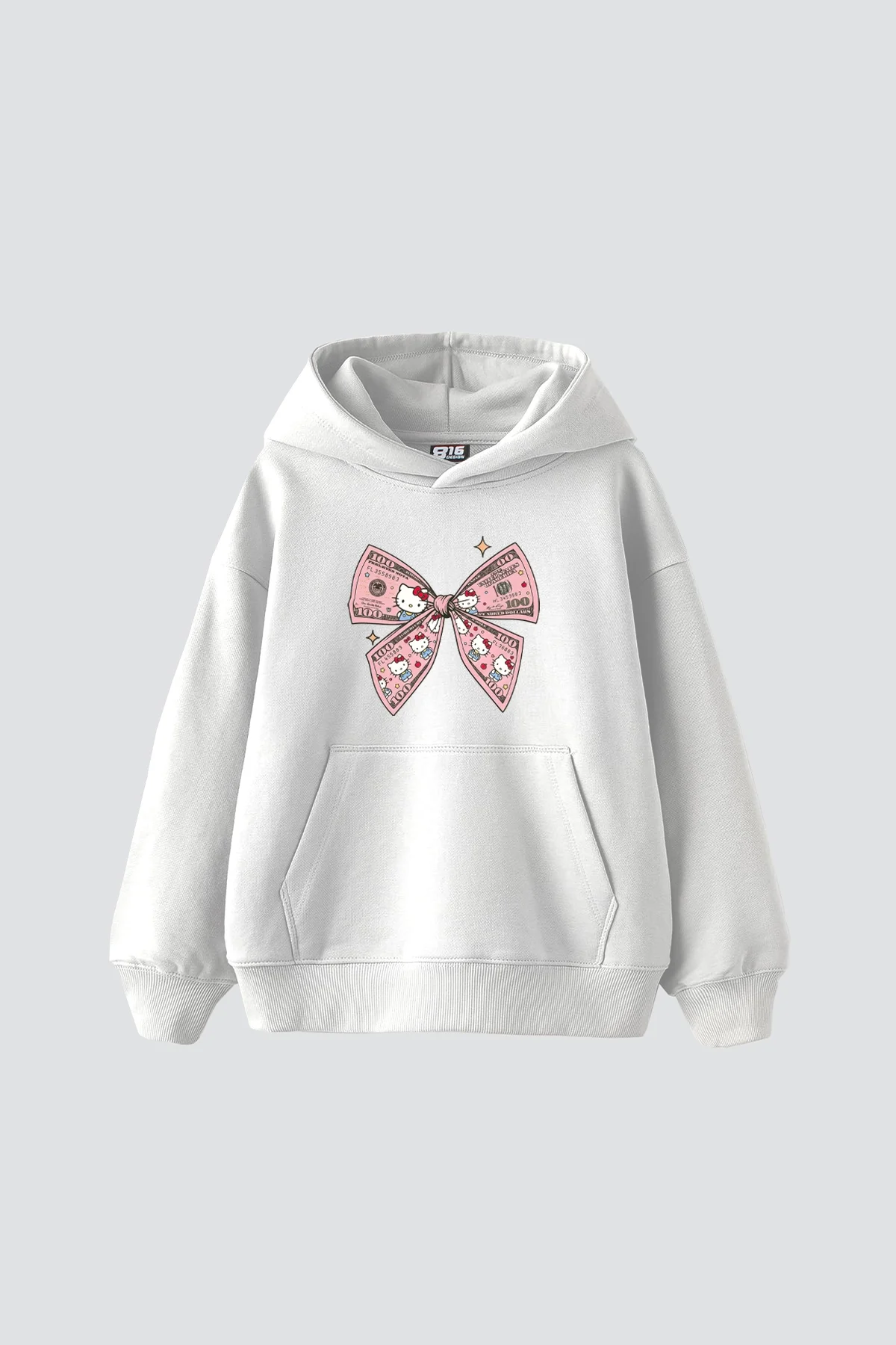 Hello Kitty Fiyonk Baskılı Oversize Unisex Beyaz Hoodie