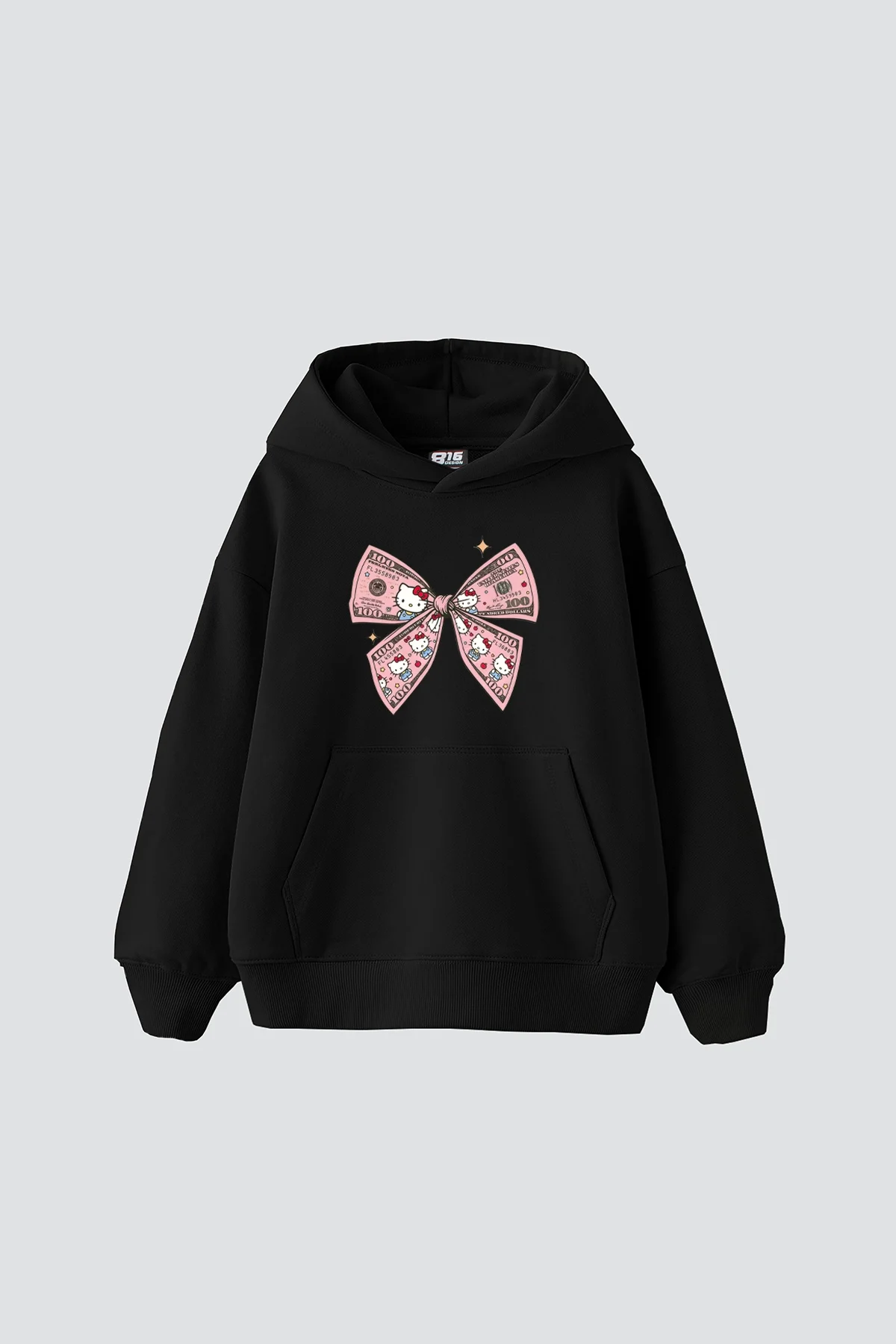 Hello Kitty Fiyonk Baskılı Oversize Unisex Siyah Hoodie