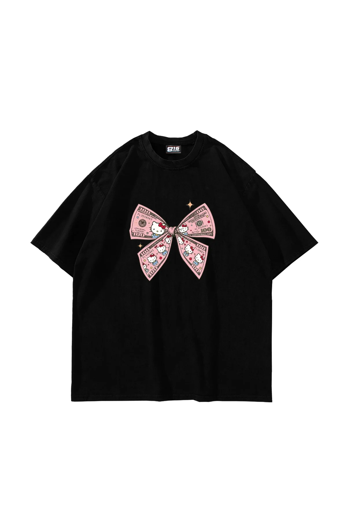 Hello Kitty Fiyonk Baskılı Oversize Unisex Siyah Tshirt