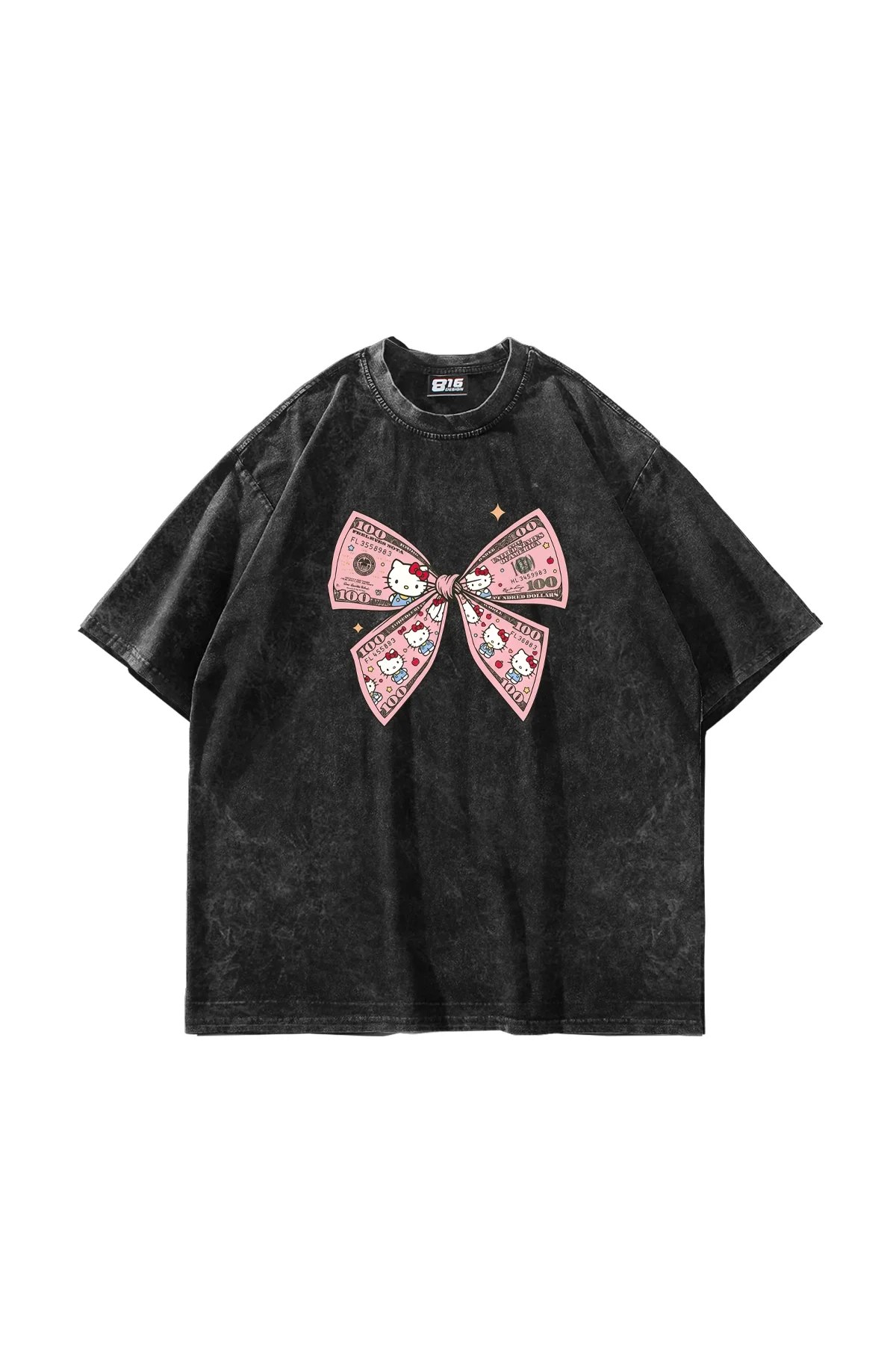 Hello Kitty Fiyonk Baskılı Oversize Unisex Yıkamalı Siyah Tshirt