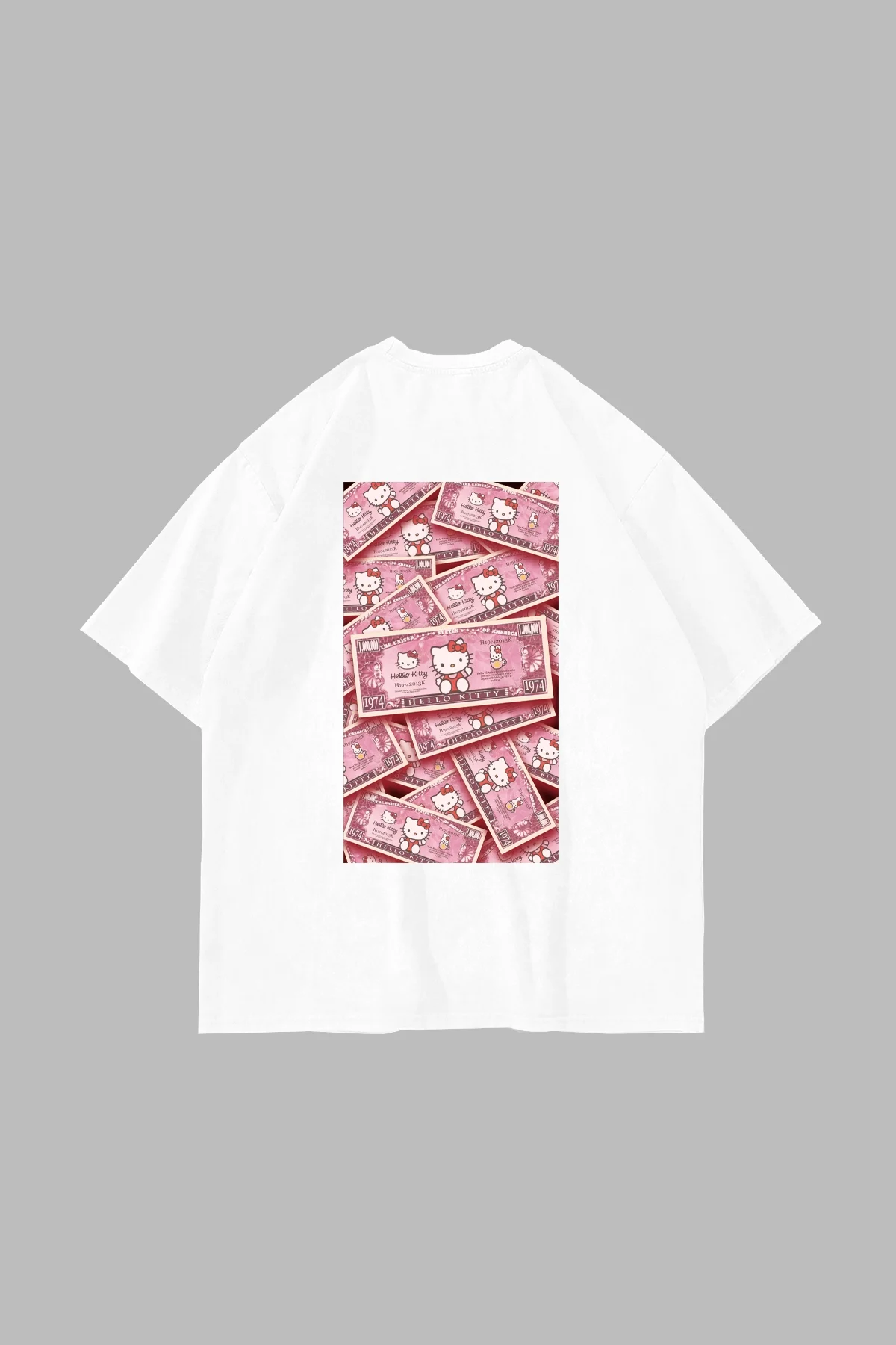 Hello Kitty Money Baskılı Oversize Unisex Beyaz Tshirt