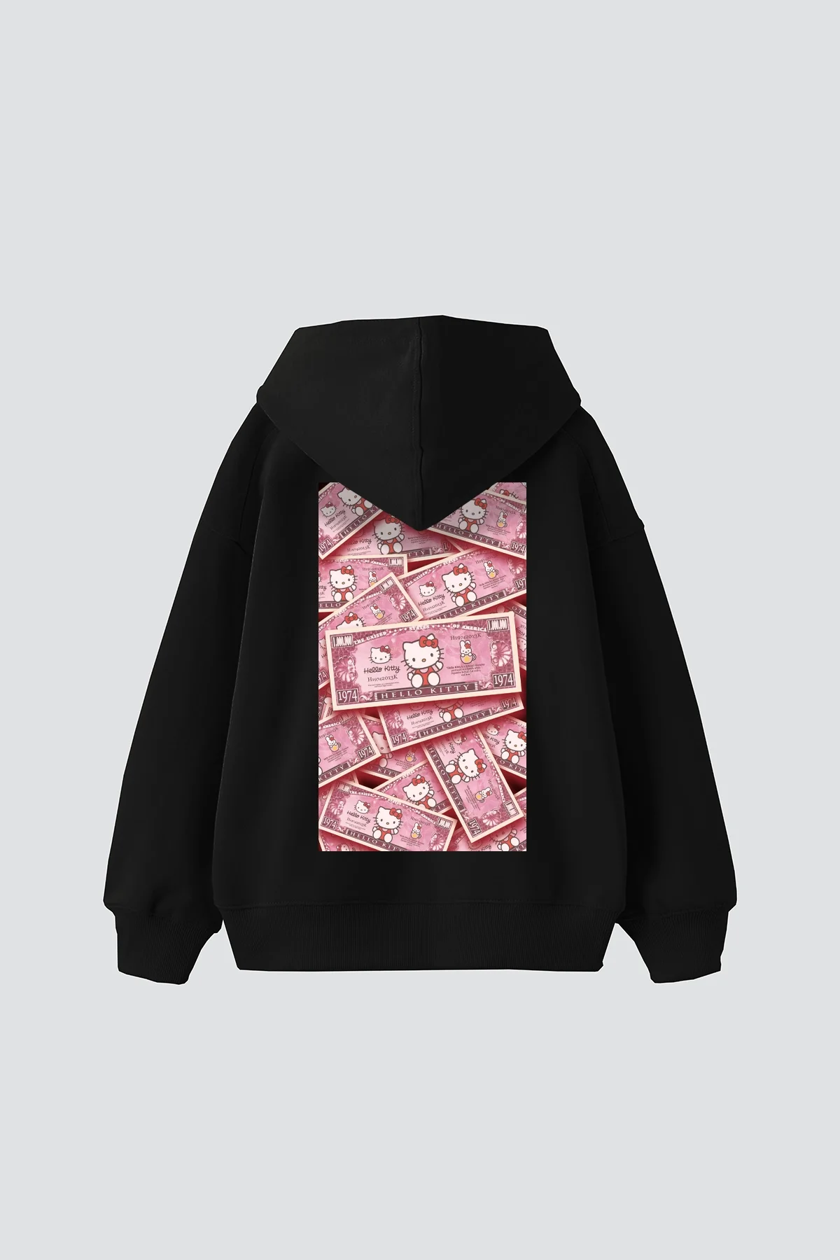 Hello Kitty Money Baskılı Oversize Unisex Siyah Hoodie