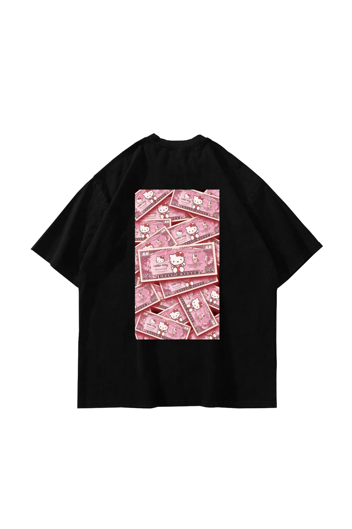 Hello Kitty Money Baskılı Oversize Unisex Siyah Tshirt