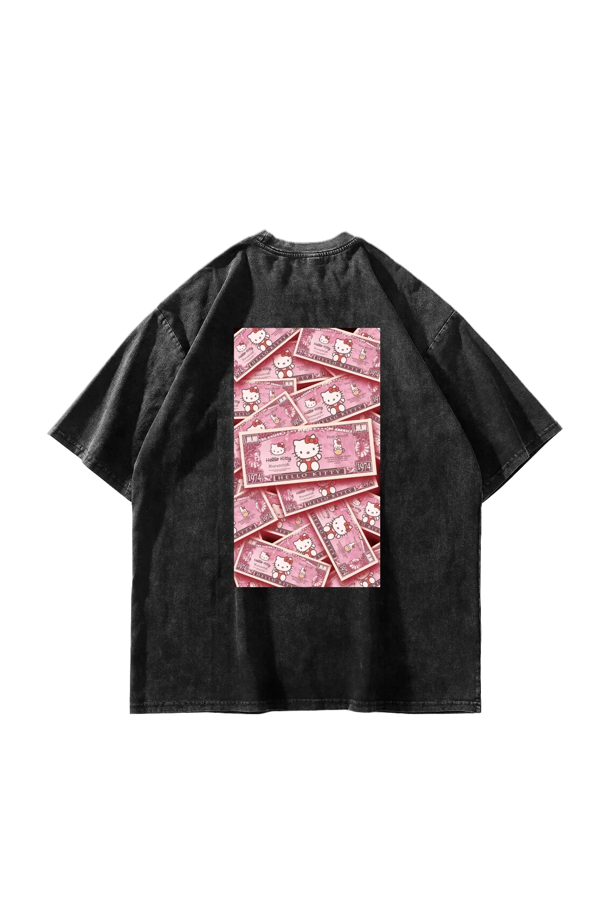 Hello Kitty Money Baskılı Oversize Unisex Yıkamalı Siyah Tshirt