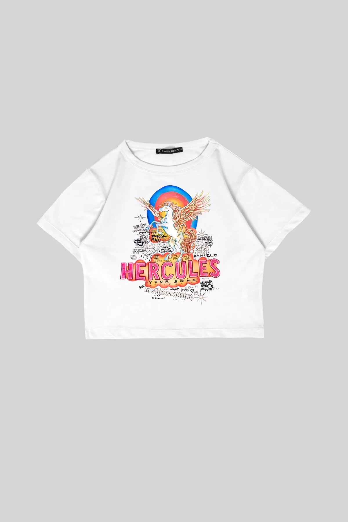 Hercules Baskılı Beyaz Crop Top