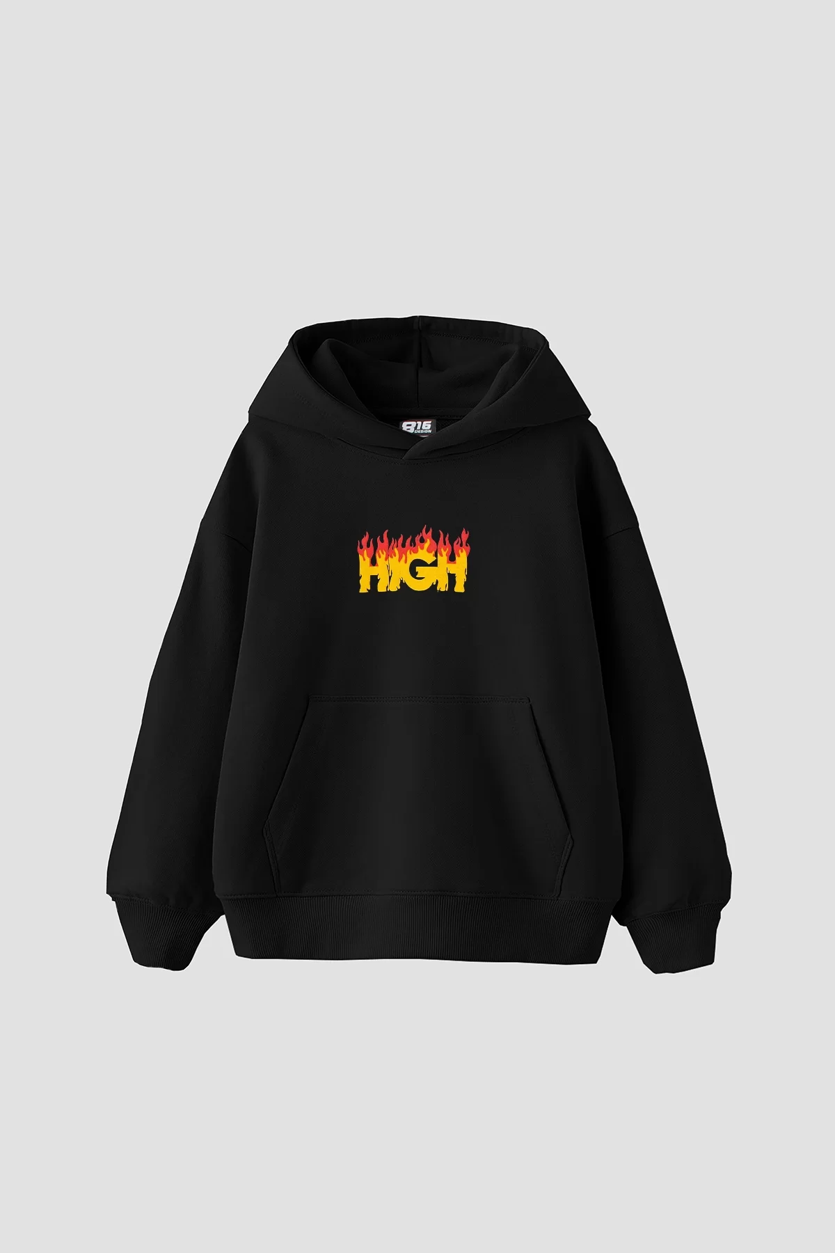 High Baskılı Oversize Unisex Premium Siyah Hoodie