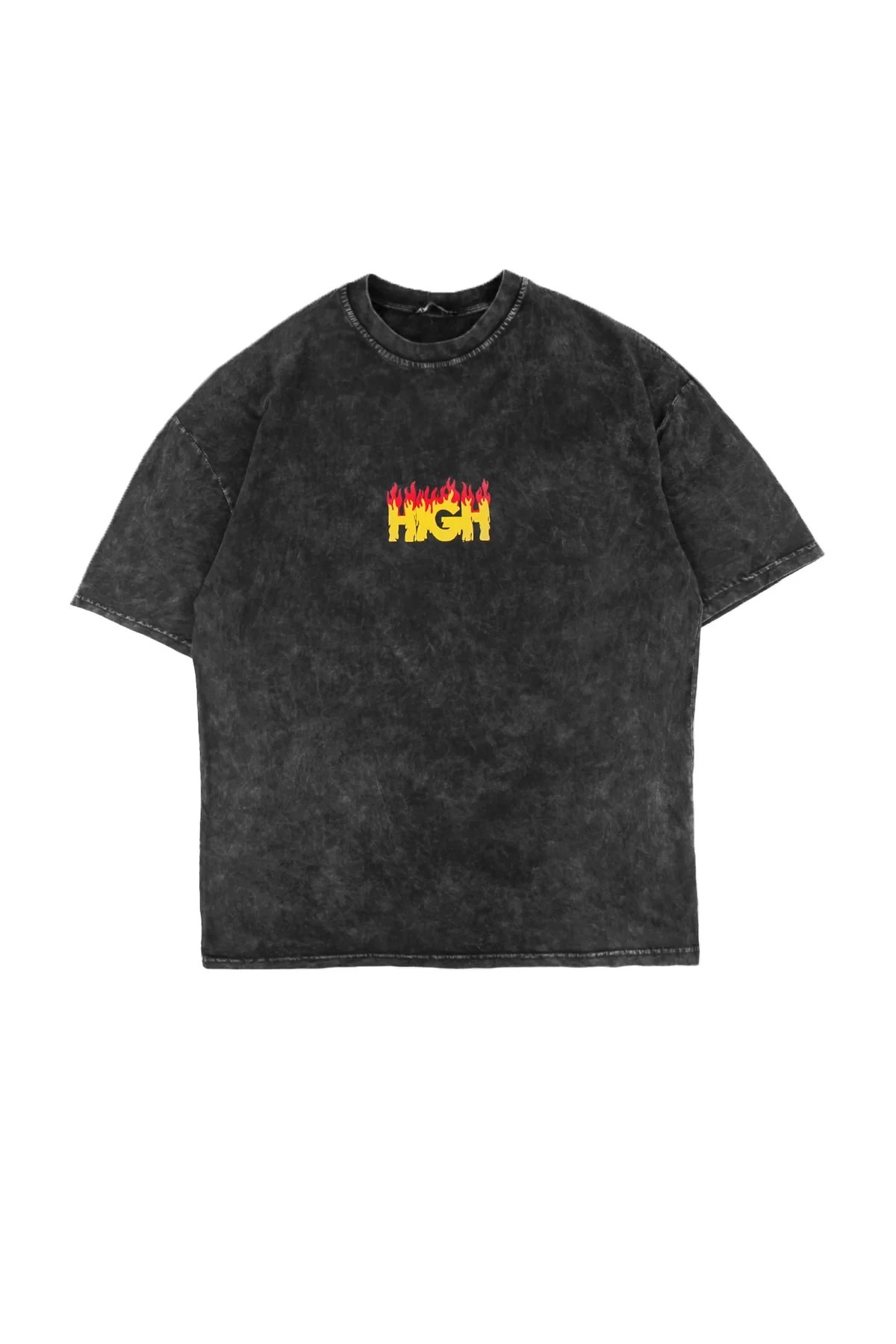 High Yıkamalı Siyah Oversize Unisex Tshirt