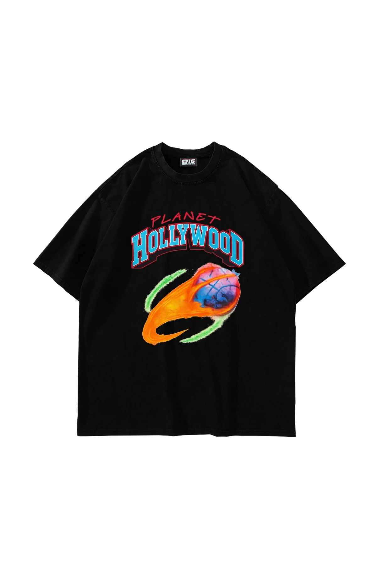 Hollywood Planet Baskılı Oversize Unisex Siyah Tshirt