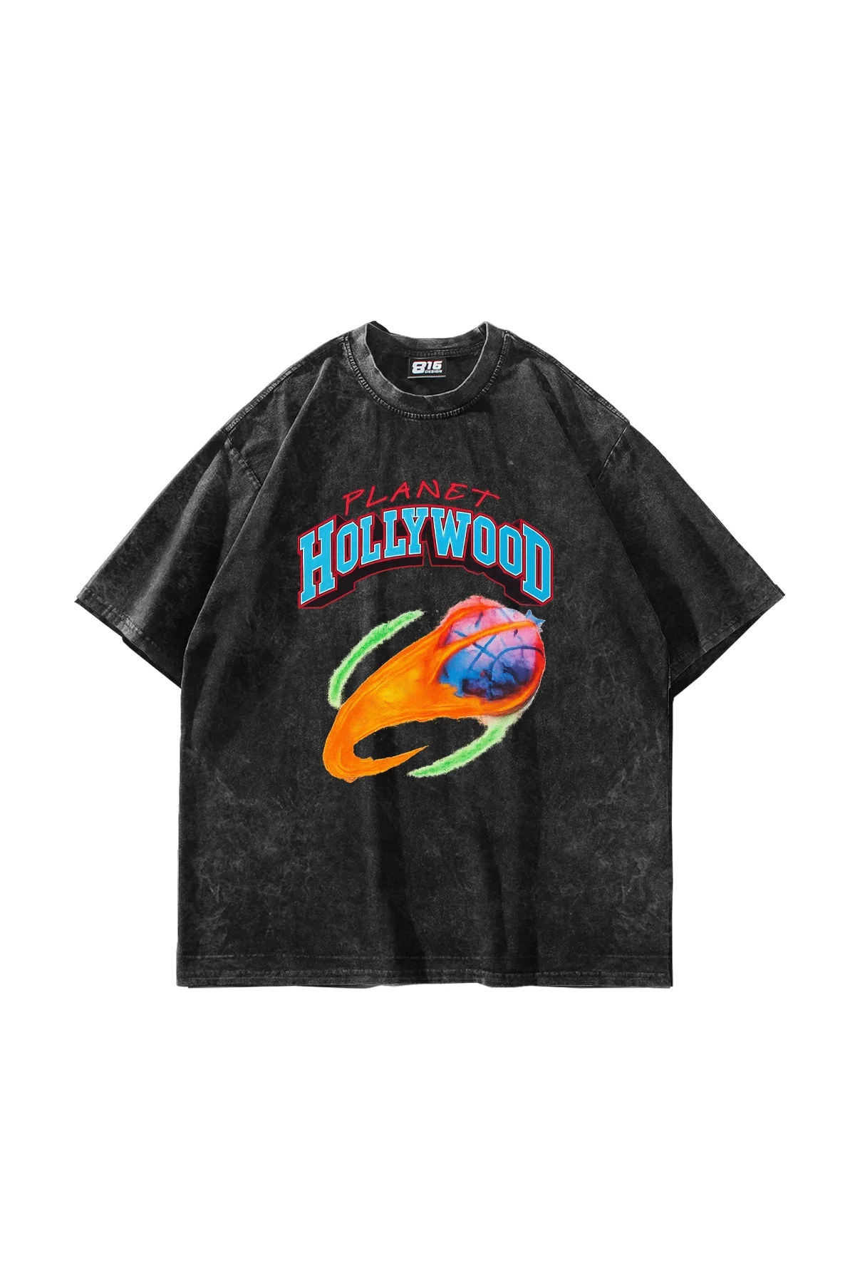 Hollywood Planet Baskılı Oversize Unisex Yıkamalı Siyah Tshirt