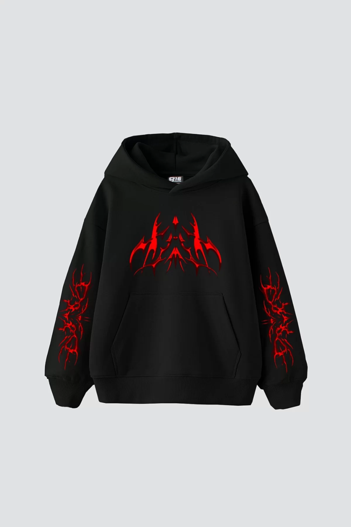 Holographic Red Baskılı Oversize Unisex Premium Siyah Hoodie