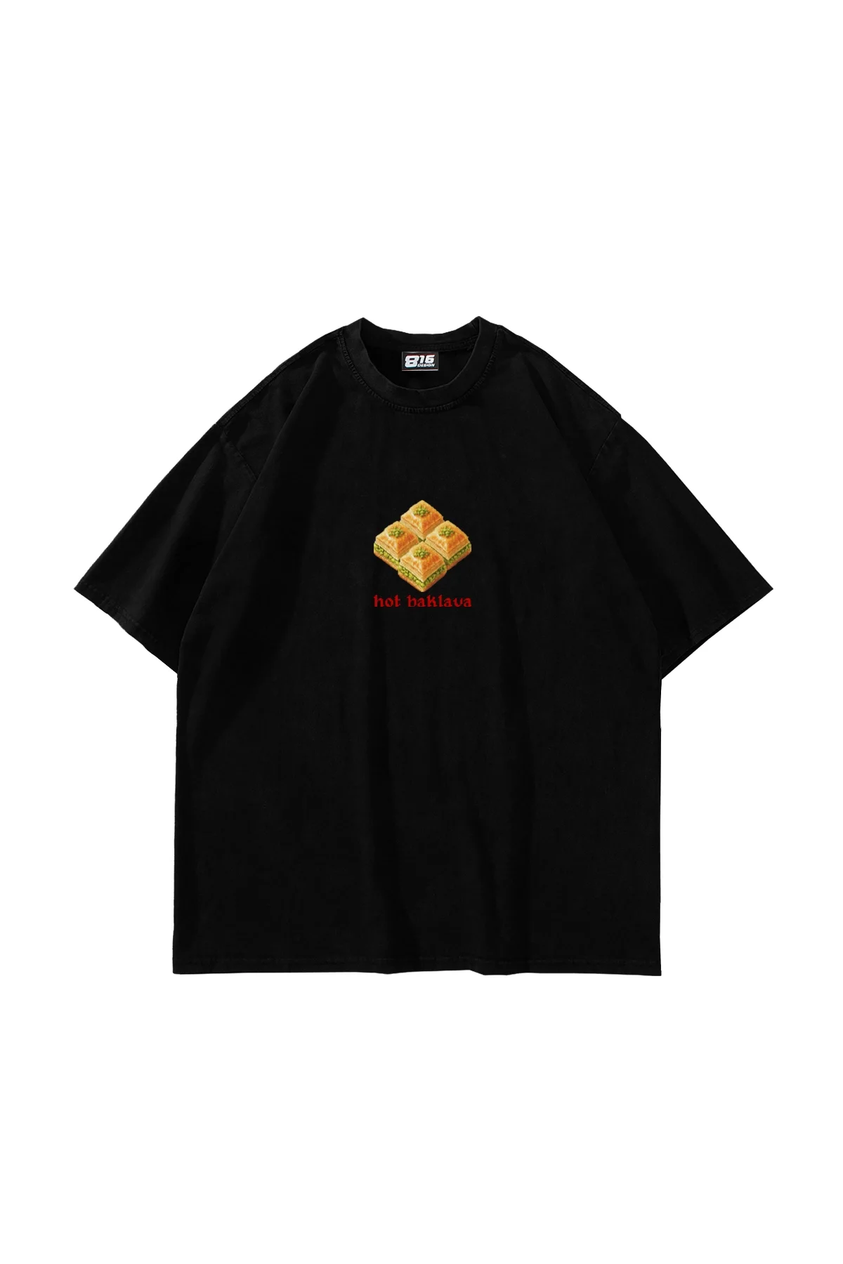 Hot Baklava Baskılı Oversize Unisex Siyah Tshirt