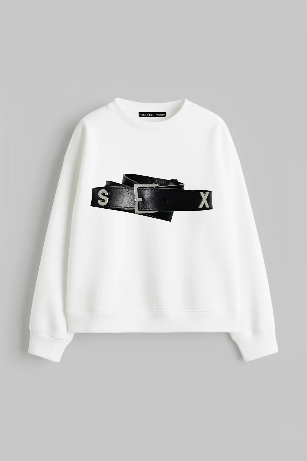 Hot Belt Baskılı Kapüşonsuz Relaxed Fit Kadın Beyaz Sweatshirt