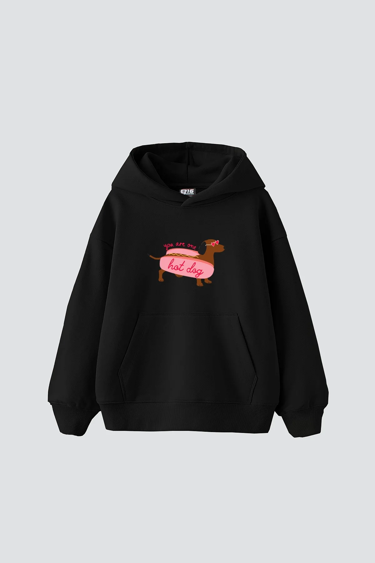 Hot Dog Baskılı Oversize Unisex Siyah Hoodie