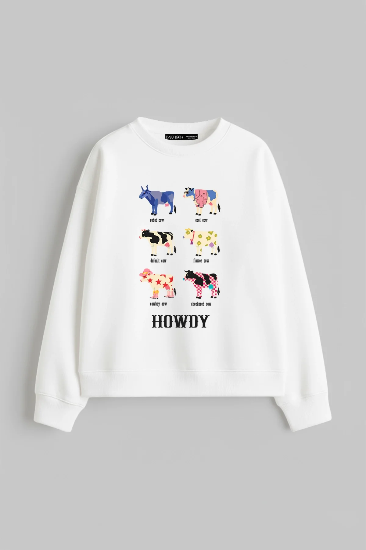Howdy Cows Baskılı Kapüşonsuz Relaxed Fit Beyaz Sweatshirt