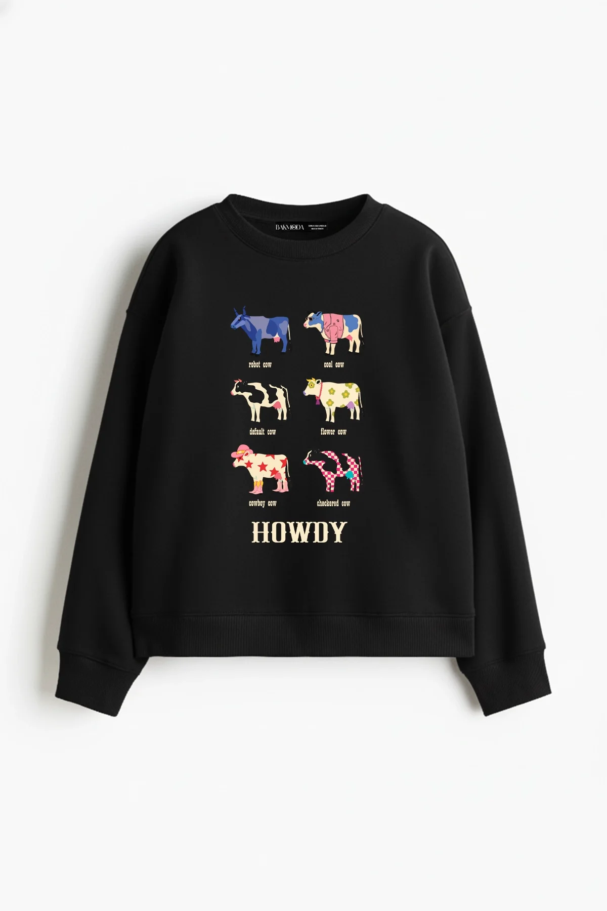 Howdy Cows Baskılı Kapüşonsuz Relaxed Fit Kadın Siyah Sweatshirt